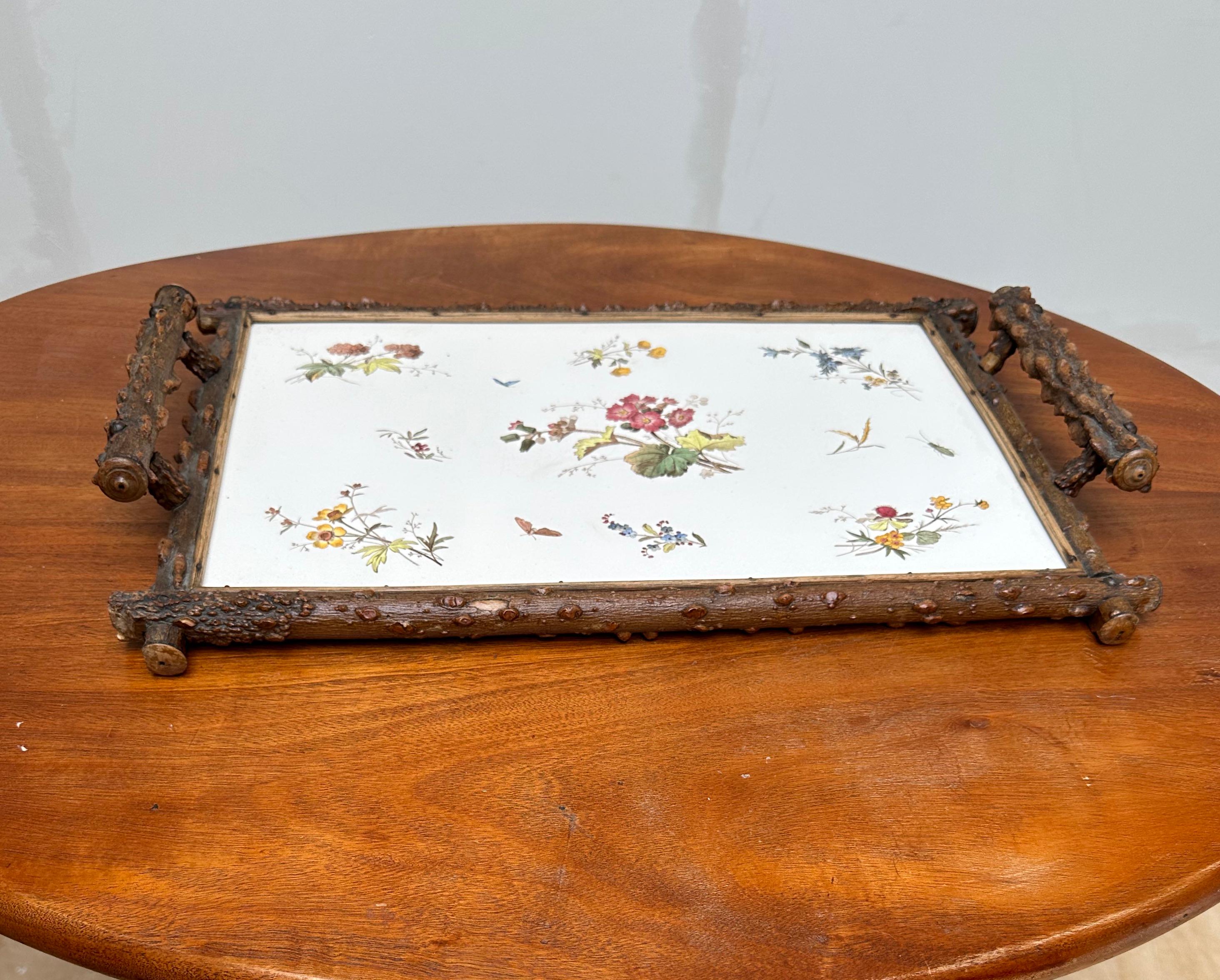 Antique & Large Hand Painted Colorful Flowers, with Butterfly Tile Serving Tray For Sale 13