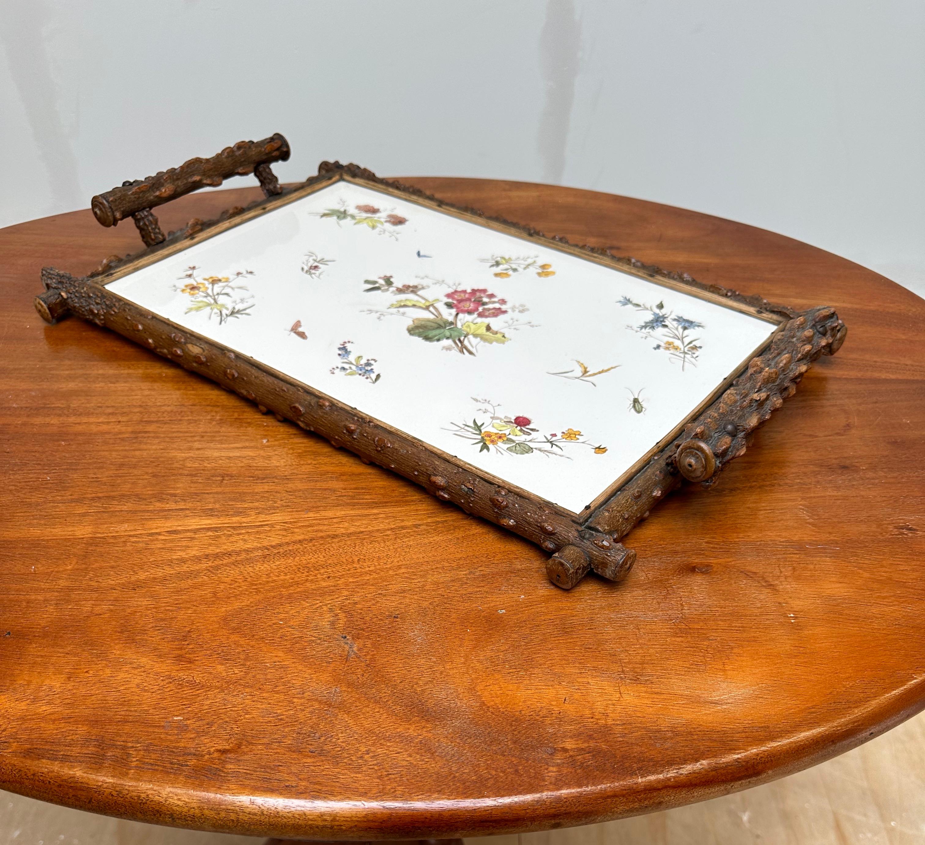 Arts and Crafts Antique & Large Hand Painted Colorful Flowers, with Butterfly Tile Serving Tray For Sale