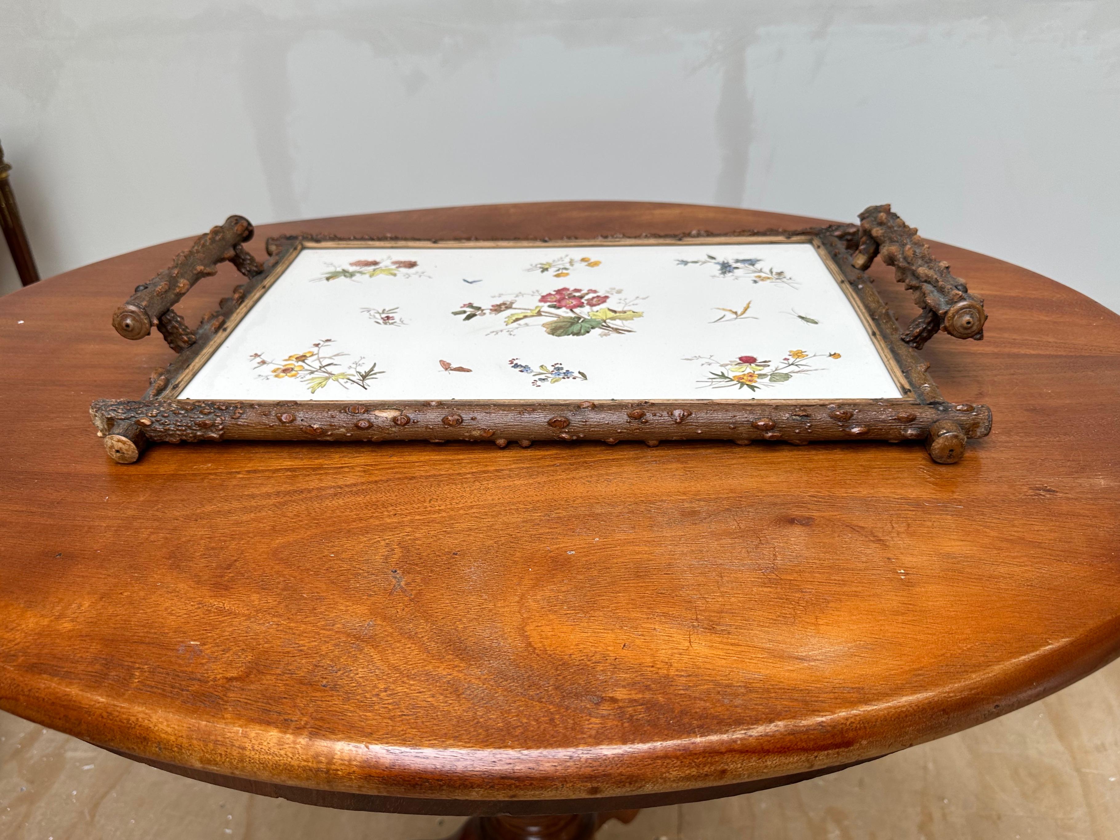Antique & Large Hand Painted Colorful Flowers, with Butterfly Tile Serving Tray For Sale 2