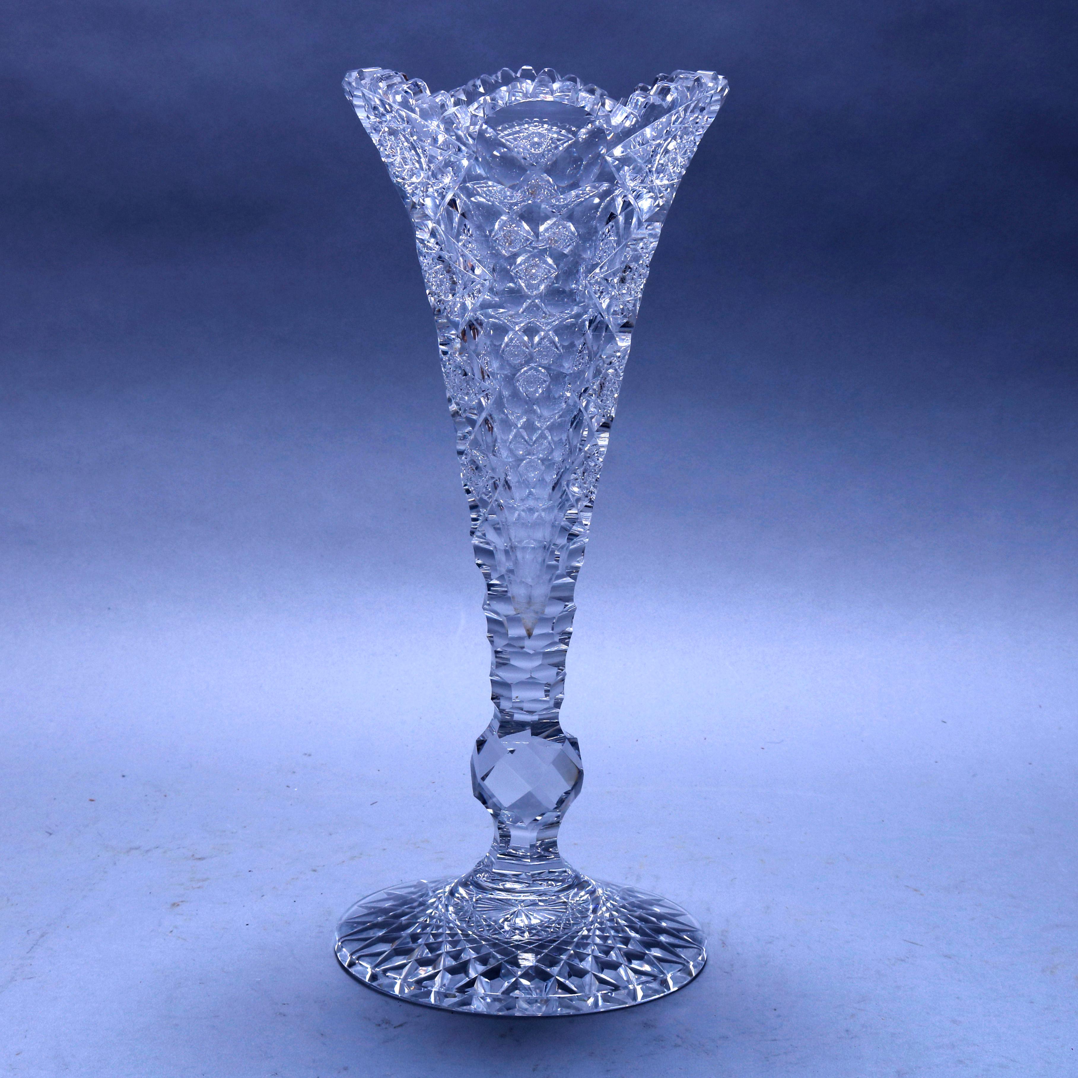 American Antique Large Hawkes Cut Glass Footed Trumpet Vase, circa 1900