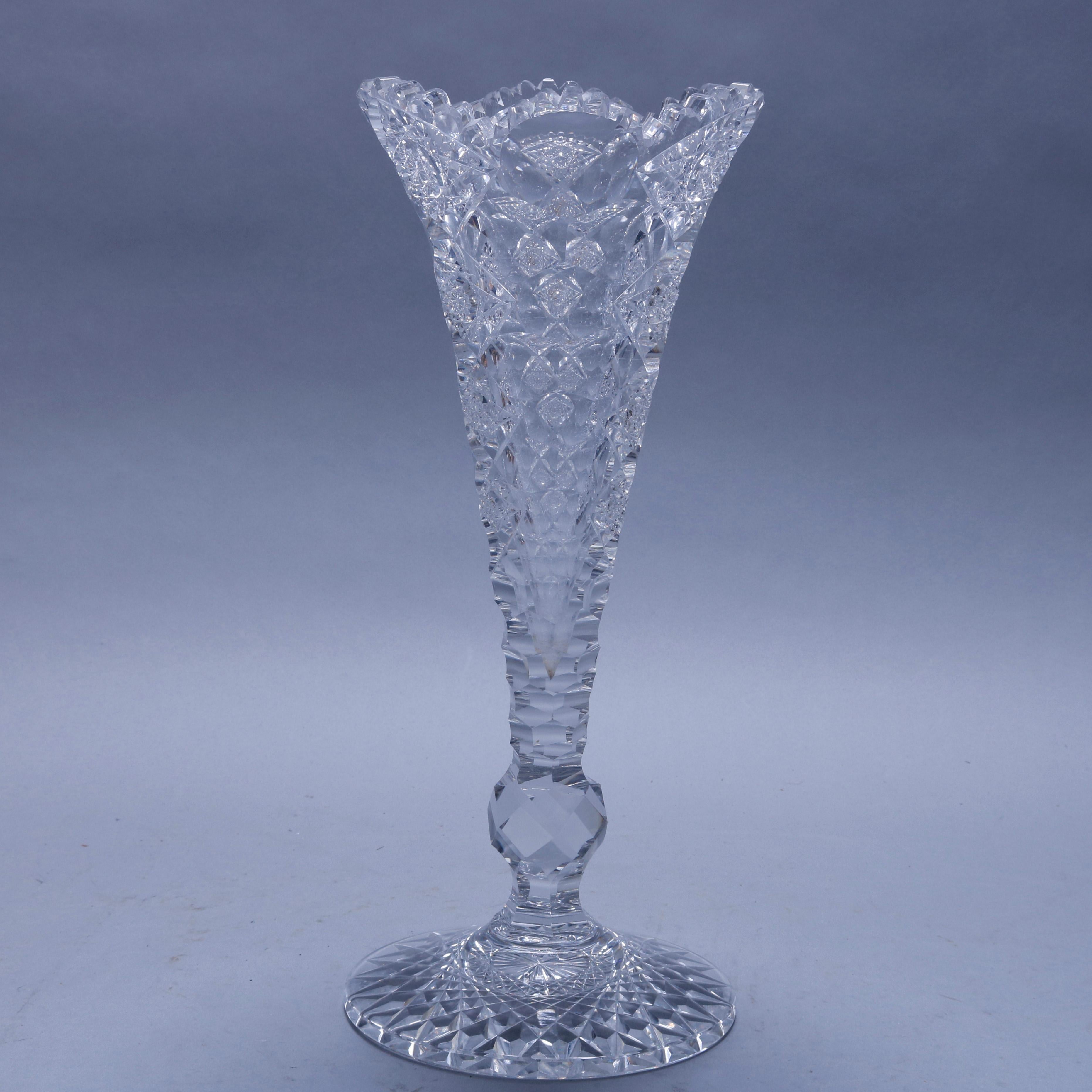 Antique Large Hawkes Cut Glass Footed Trumpet Vase, circa 1900 In Good Condition In Big Flats, NY