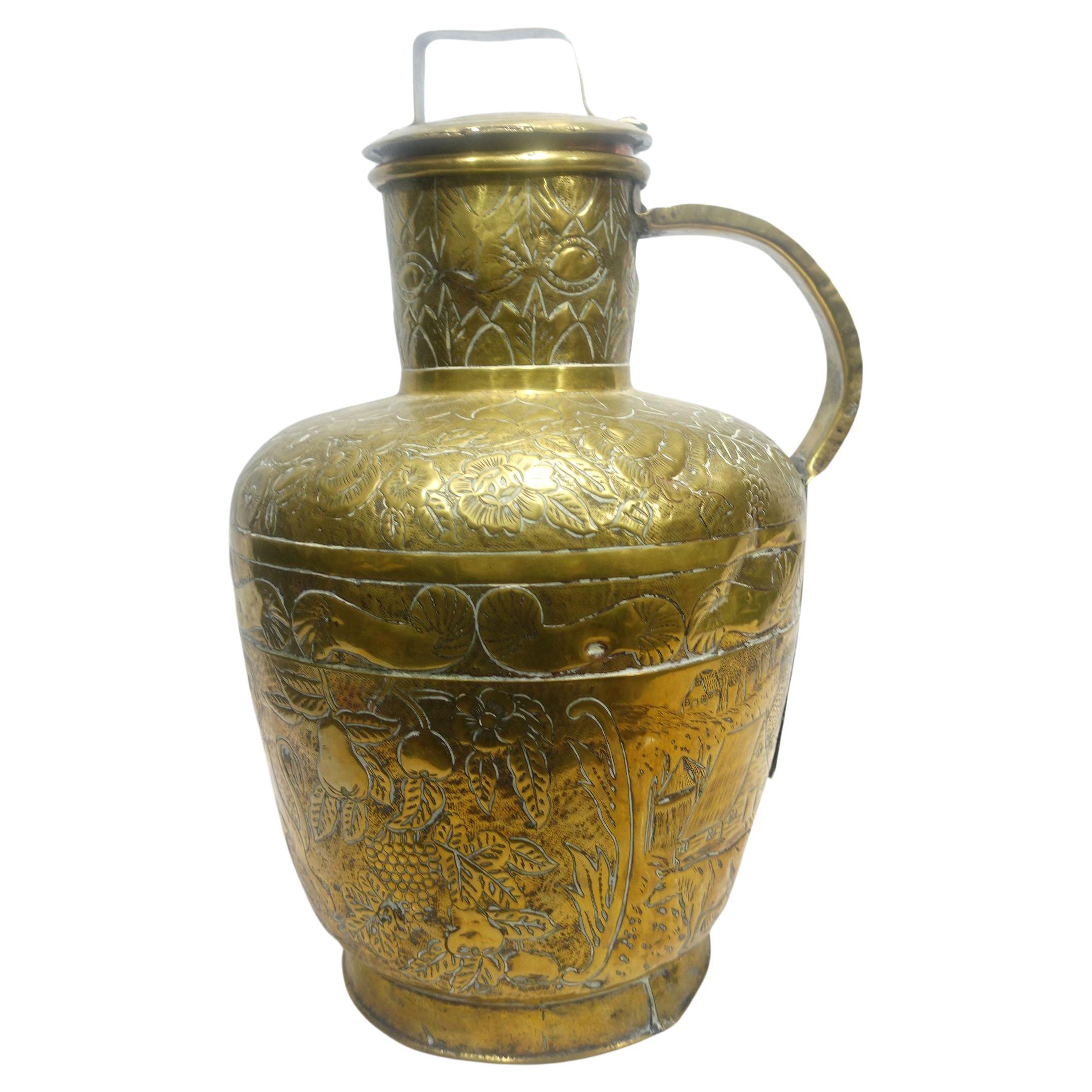 Antique Large Heavily Embossed French Brass Jar w/Cover 18th Century (10-BJ) For Sale