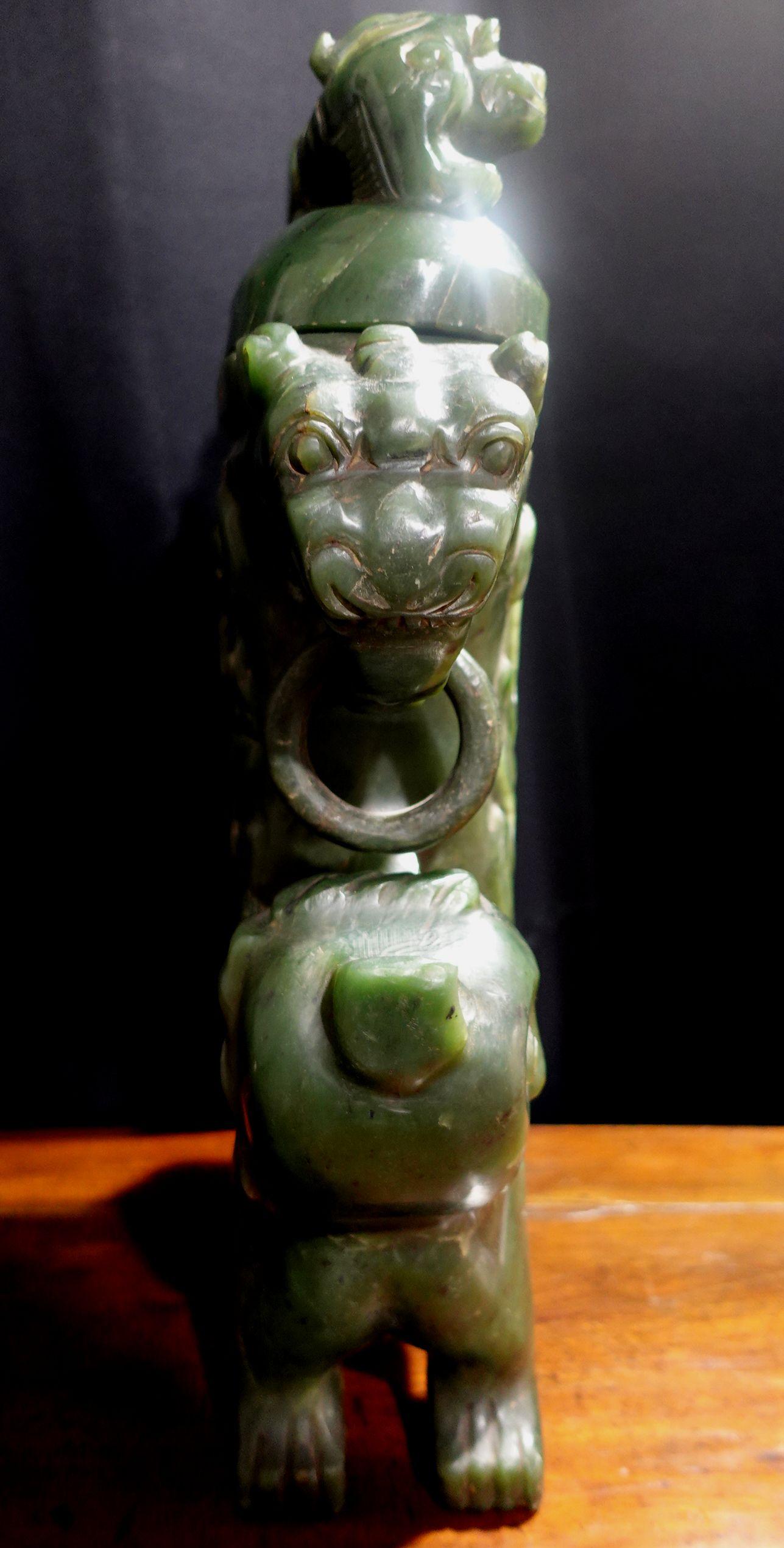 Antique Large Heavy Chinese Spinach Jade Foo Lion Covered Vase 4