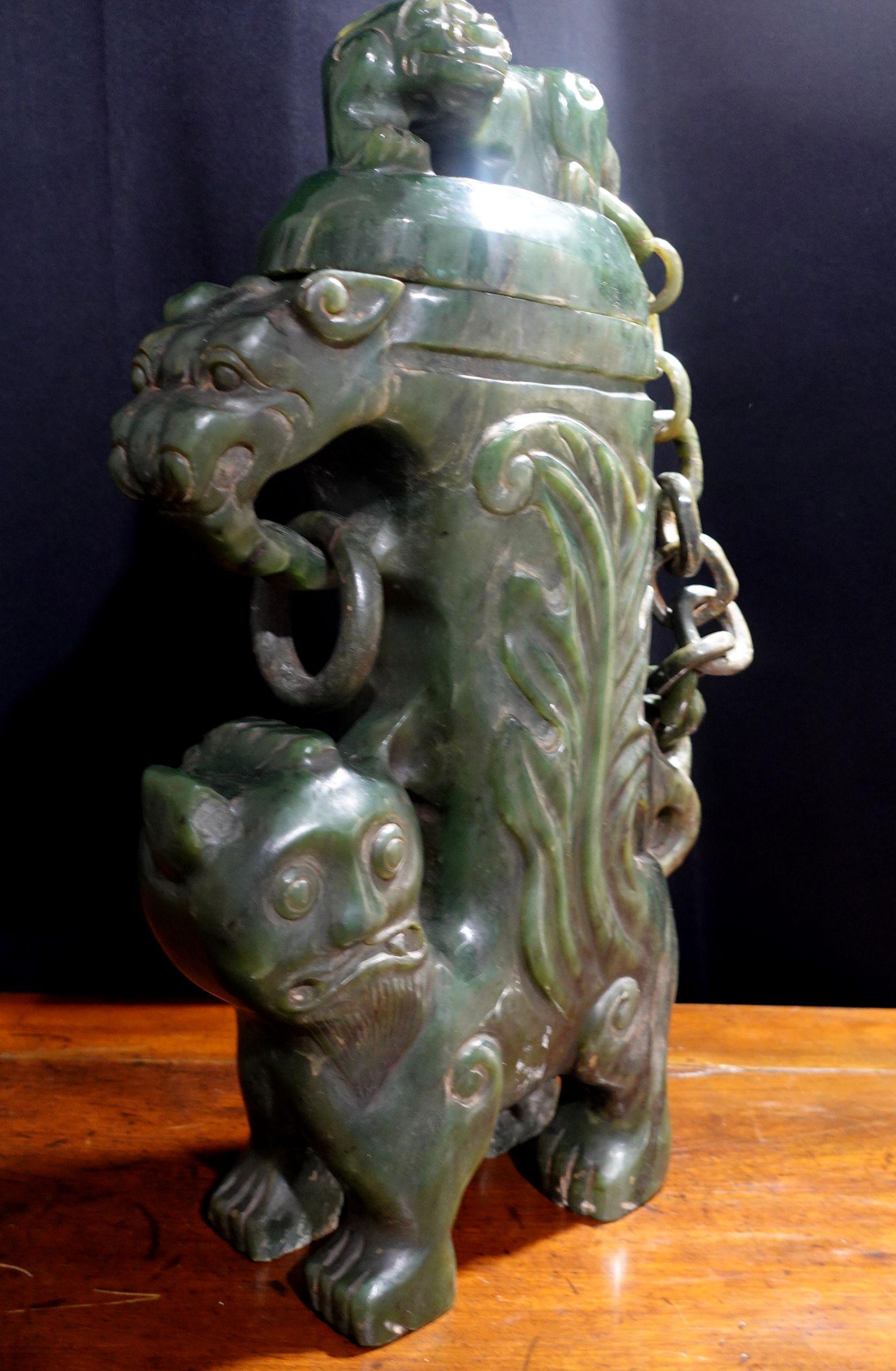 Antique Large Heavy Chinese Spinach Jade Foo Lion Covered Vase 5