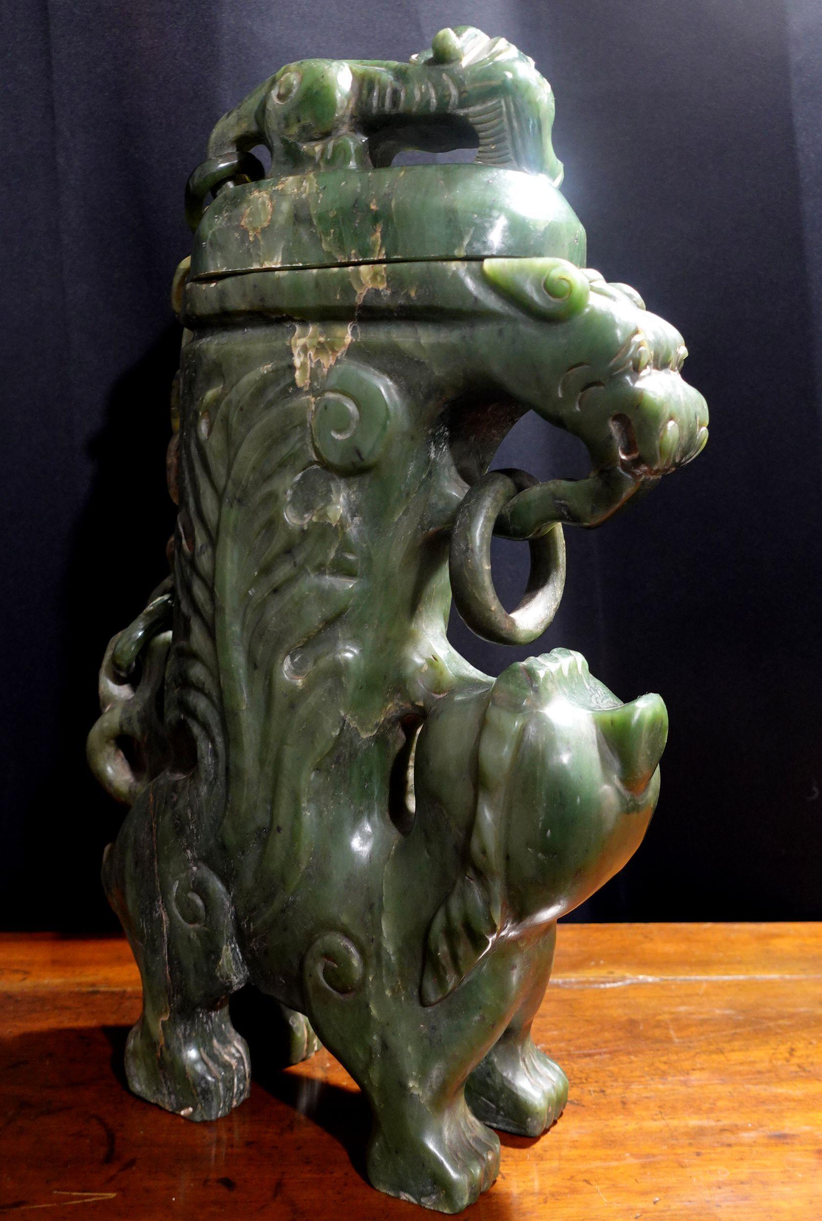Antique Large Heavy Chinese Spinach Jade Foo Lion Covered Vase 8