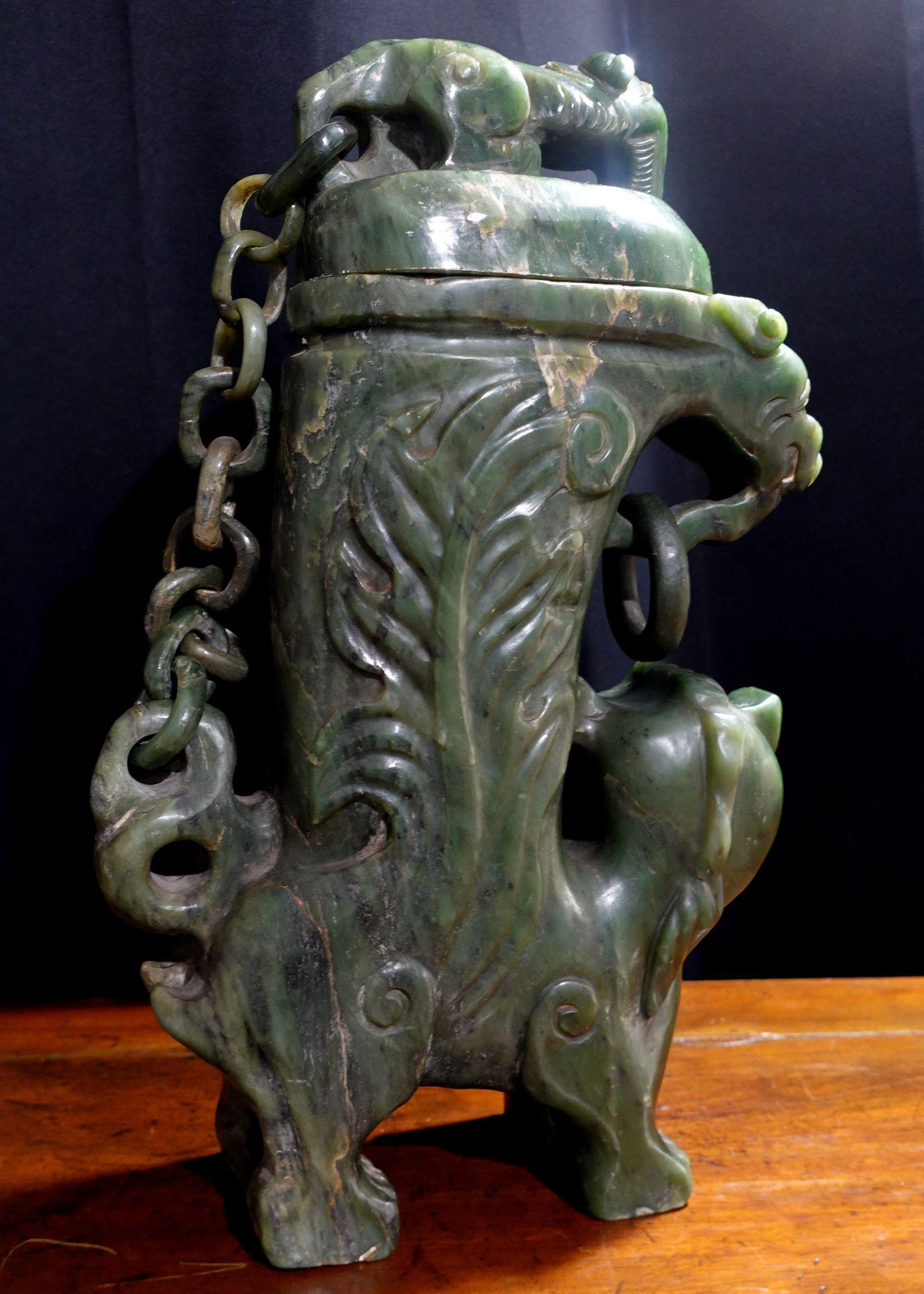 Antique Large Heavy Chinese Spinach Jade Foo Lion Covered Vase 9
