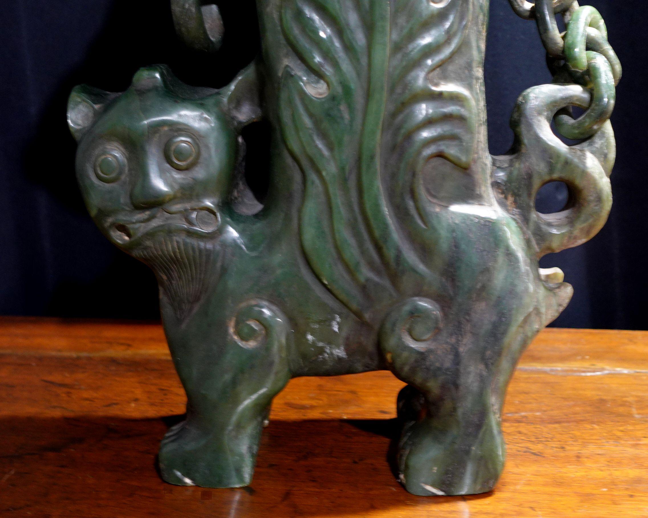 Other Antique Large Heavy Chinese Spinach Jade Foo Lion Covered Vase