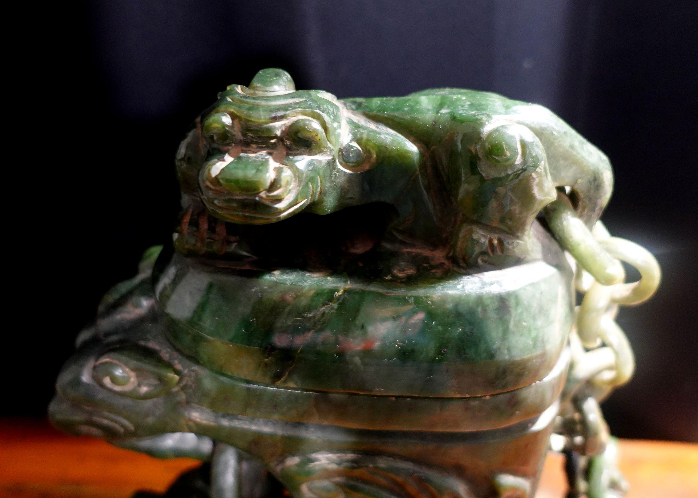 Hand-Carved Antique Large Heavy Chinese Spinach Jade Foo Lion Covered Vase