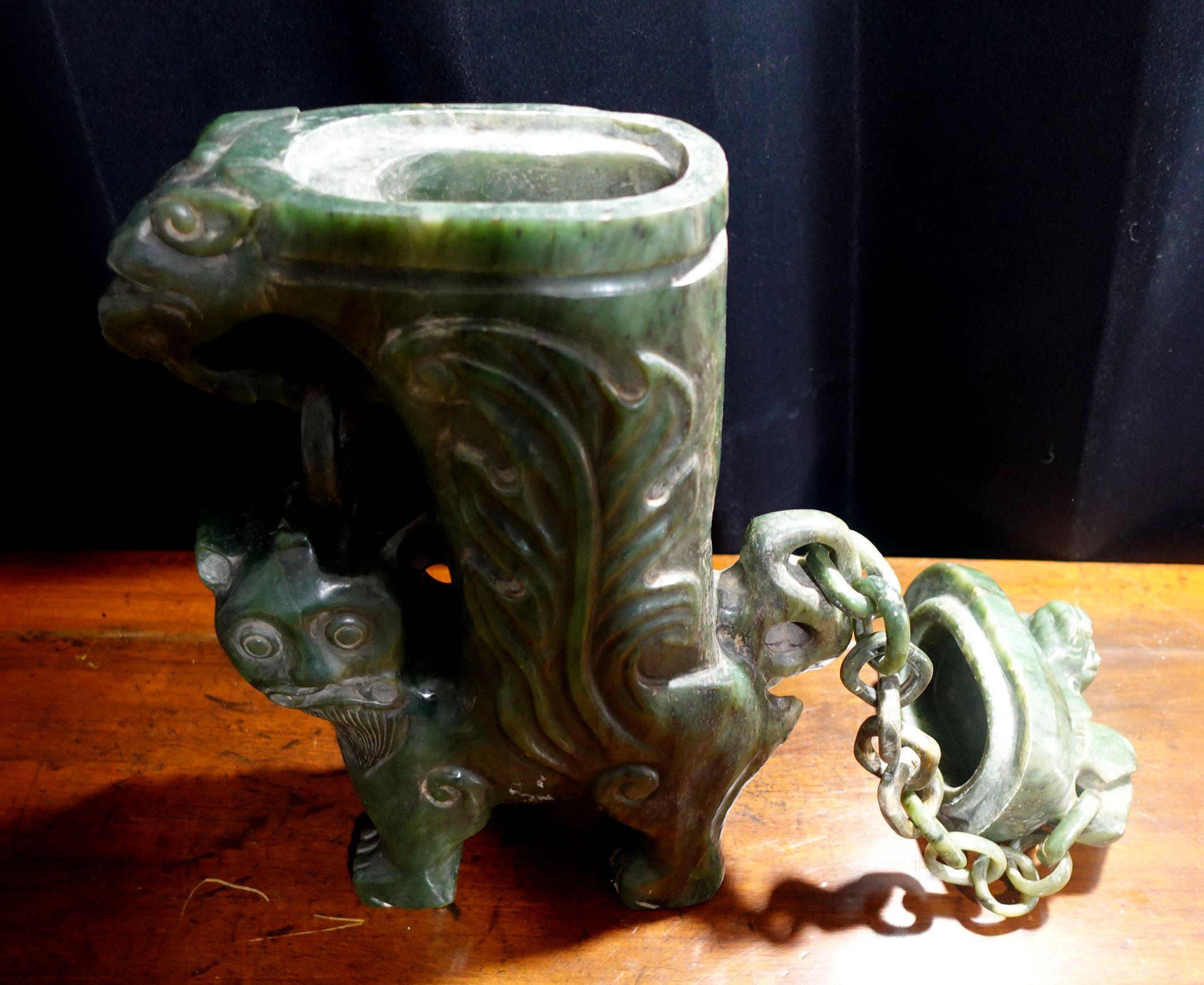 Early 20th Century Antique Large Heavy Chinese Spinach Jade Foo Lion Covered Vase