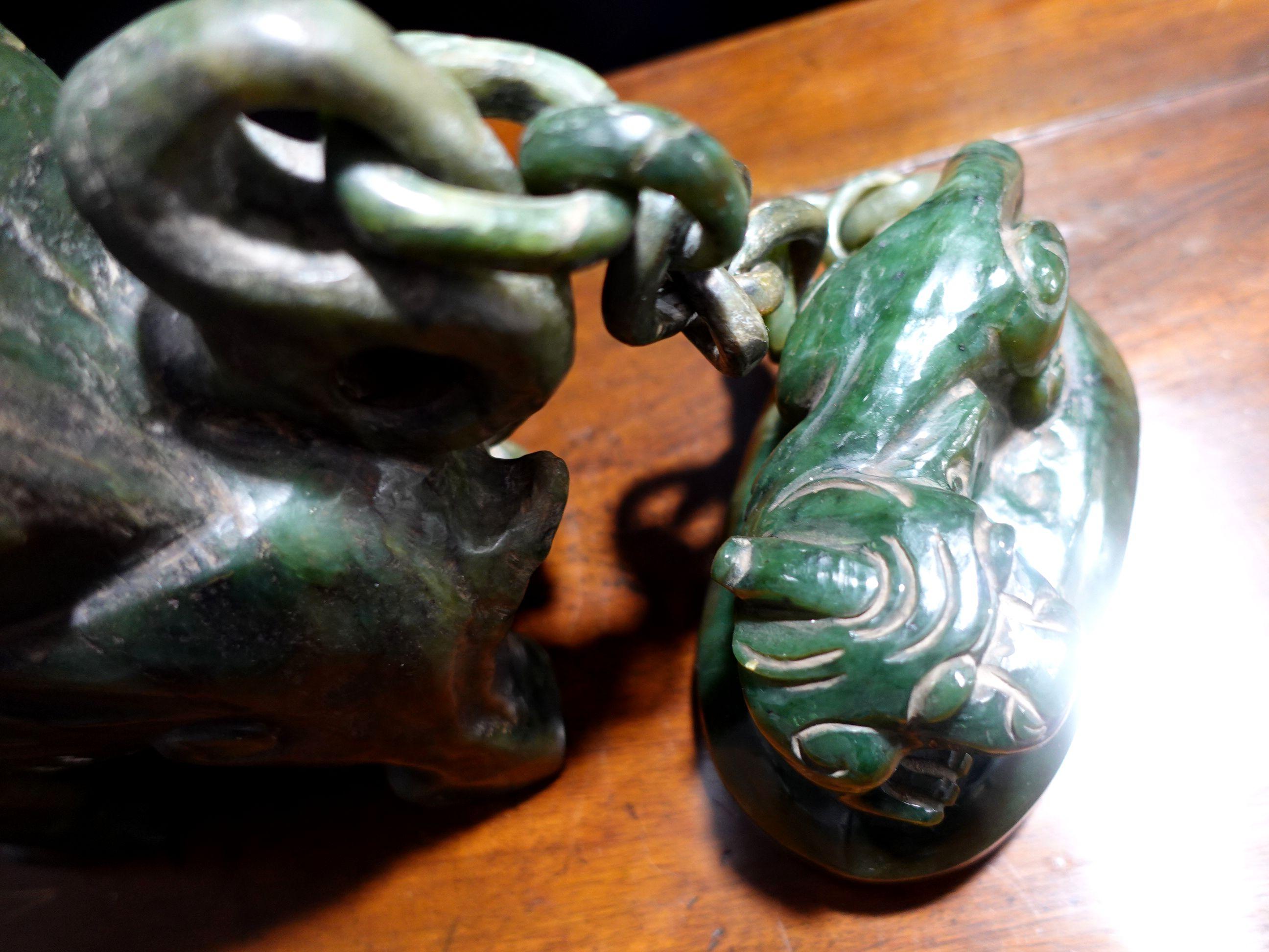 Antique Large Heavy Chinese Spinach Jade Foo Lion Covered Vase 1