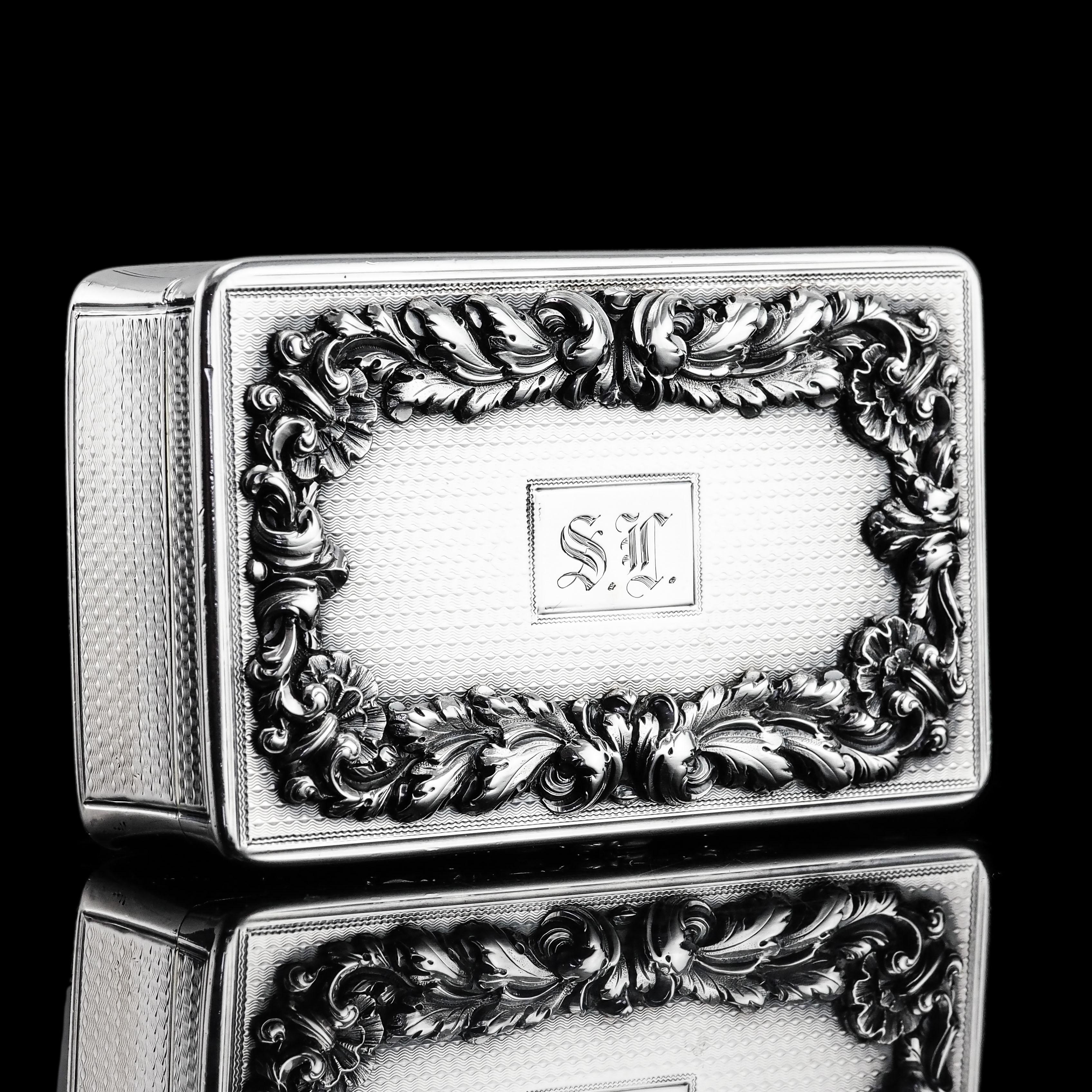 We are delighted to offer this magnificent and heavy solid silver snuff box made in London in 1838 by Edward Edwards.
 
Edward Edwards made fine boxes of various sizes and qualities however, this particular piece is a pre-eminent example with all