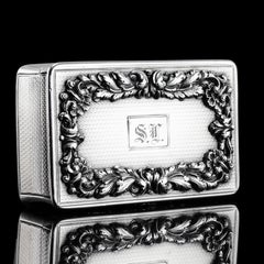 Antique Large & Heavy Solid Silver Snuff Box with Cast Acanthus Border - 1838