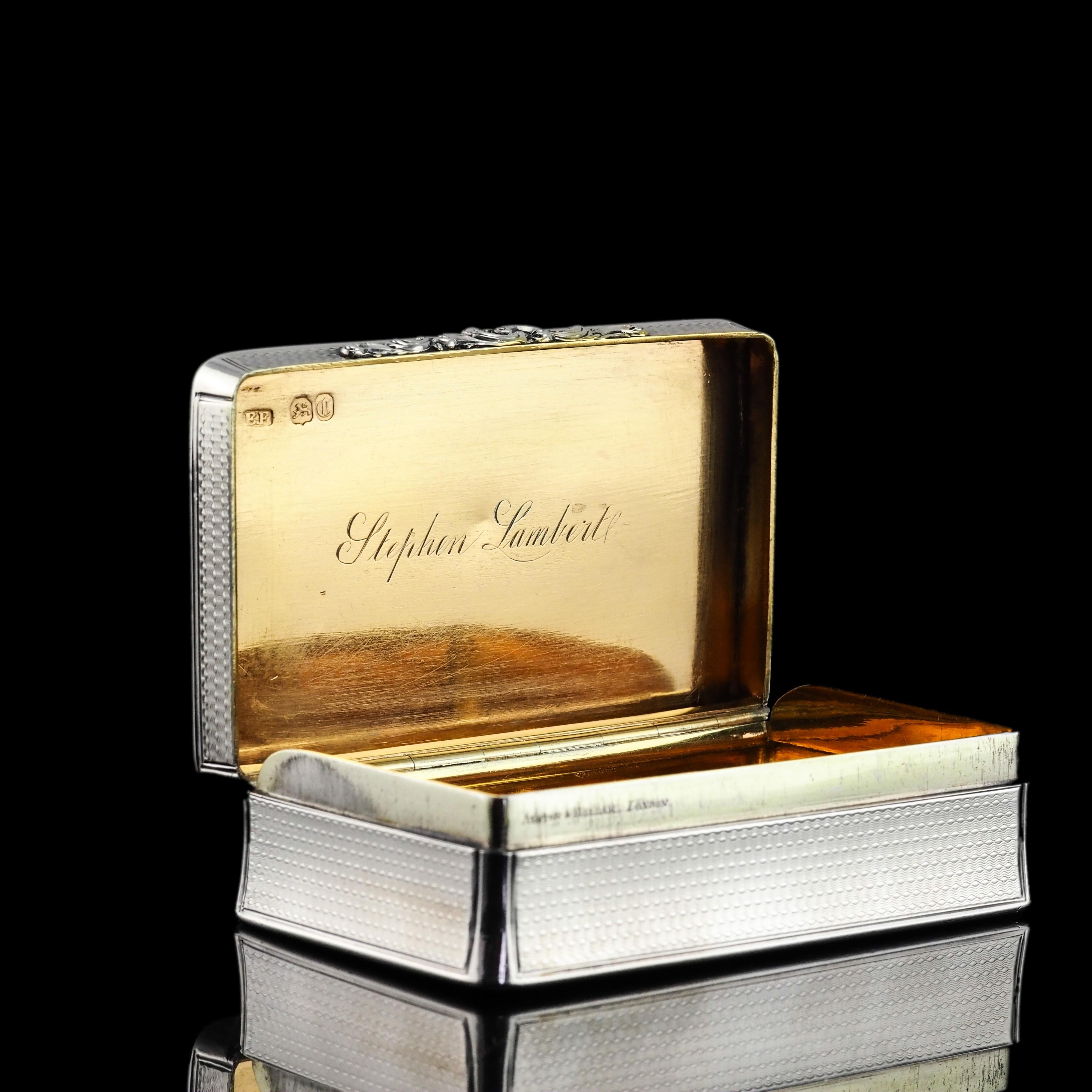 19th Century Antique Large & Heavy Solid Silver Snuff Box with Cast Acanthus Border - 1838 For Sale