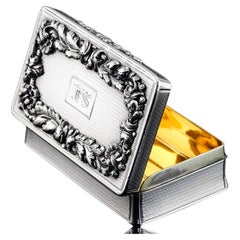 Antique Large & Heavy Solid Silver Snuff Box with Cast Acanthus Border - 1838