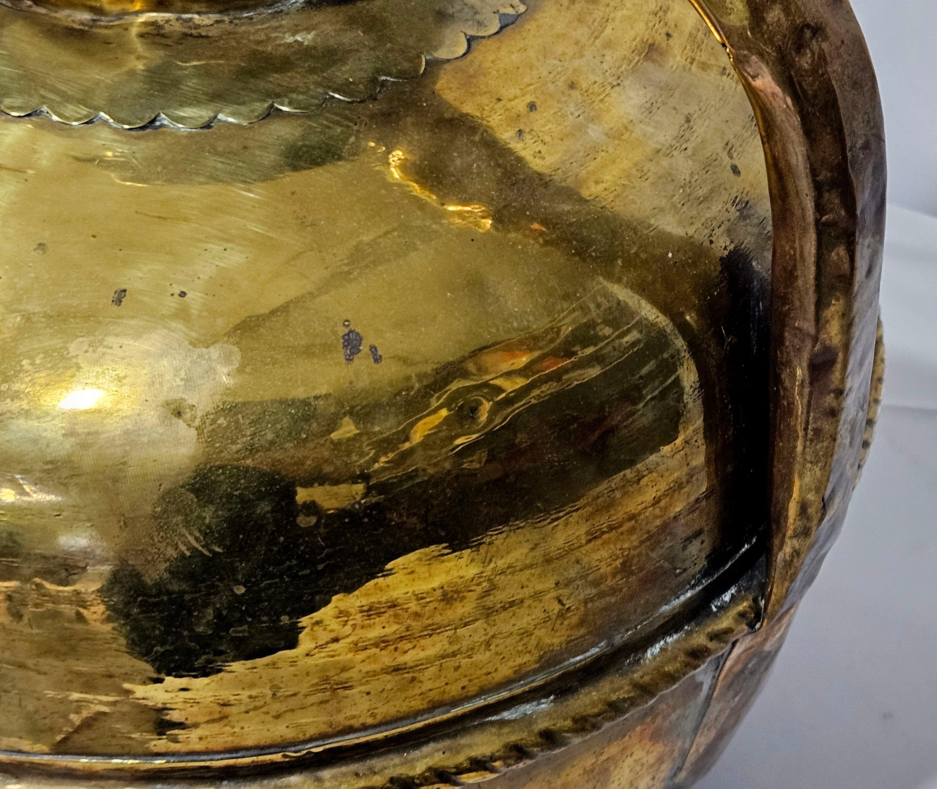 Hammered Antique Large Heavy with Handle  Brass Jar  19th Century For Sale