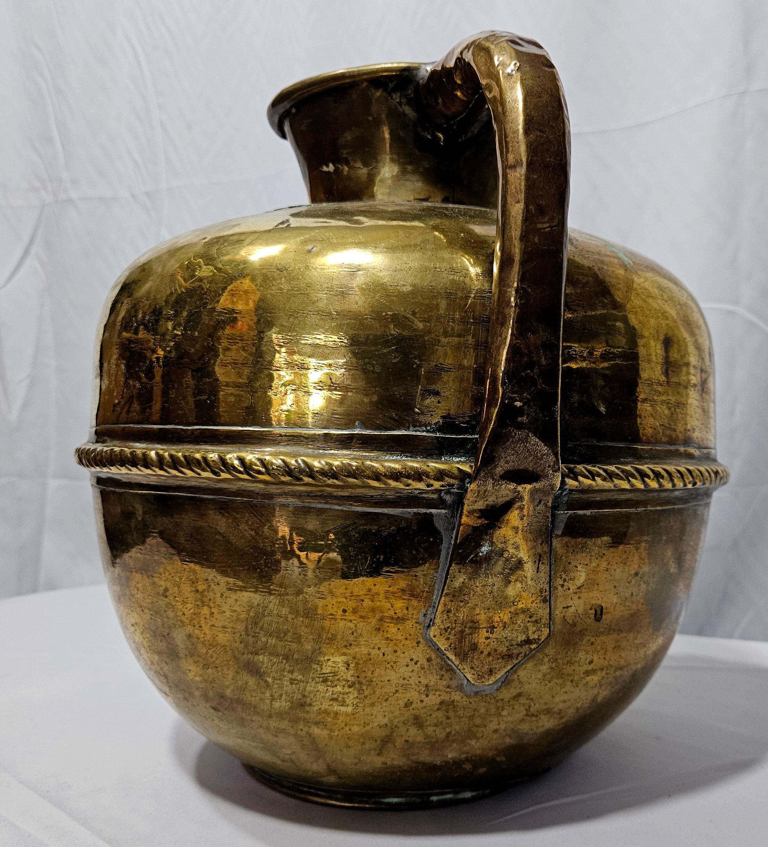 Antique Large Heavy with Handle  Brass Jar  19th Century In Good Condition For Sale In Norton, MA