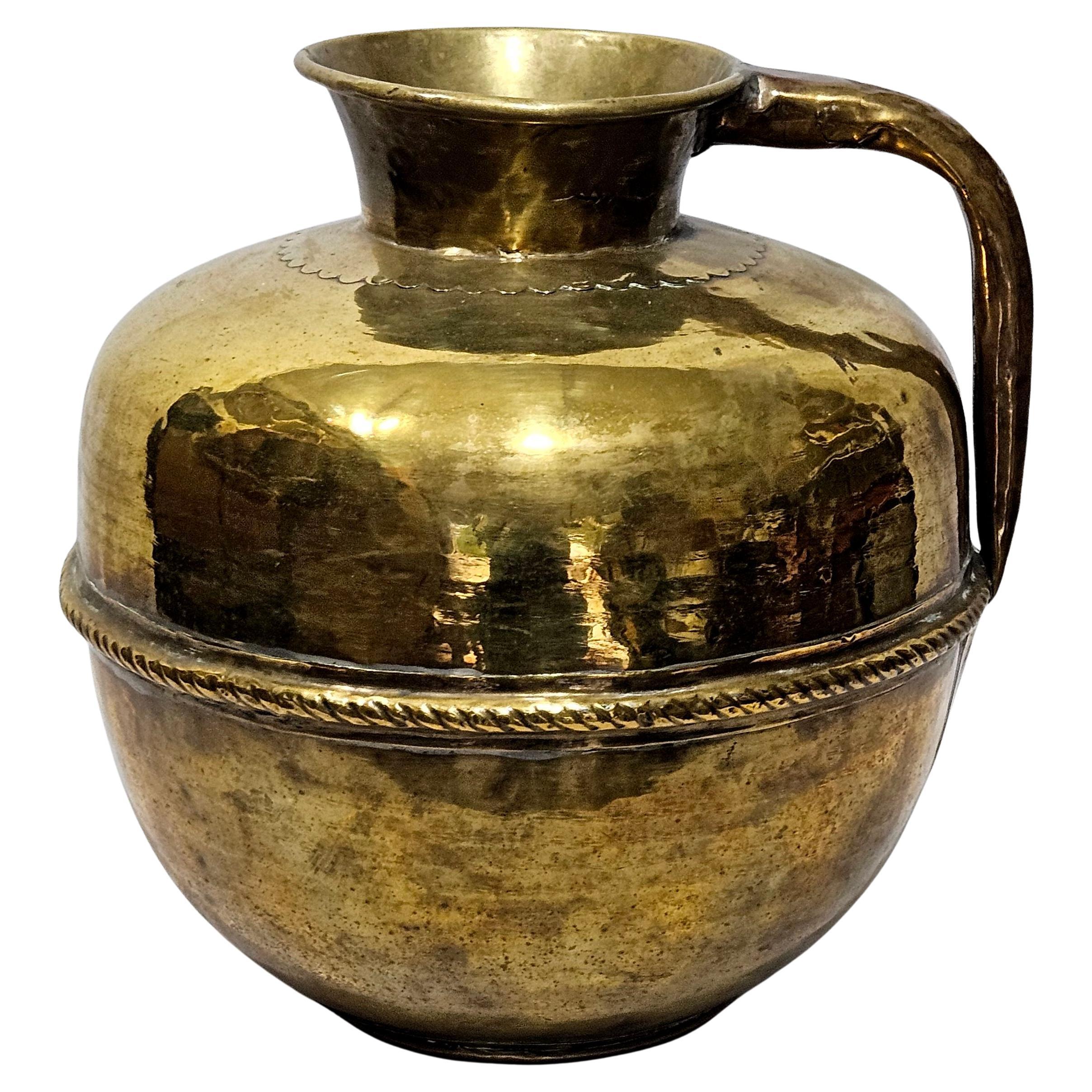 Antique Large Heavy with Handle  Brass Jar  19th Century