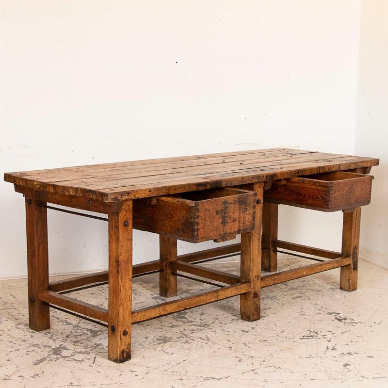 Antique Large Industrial Work Table Butchers Table with Two Deep Drawers In Good Condition In Round Top, TX