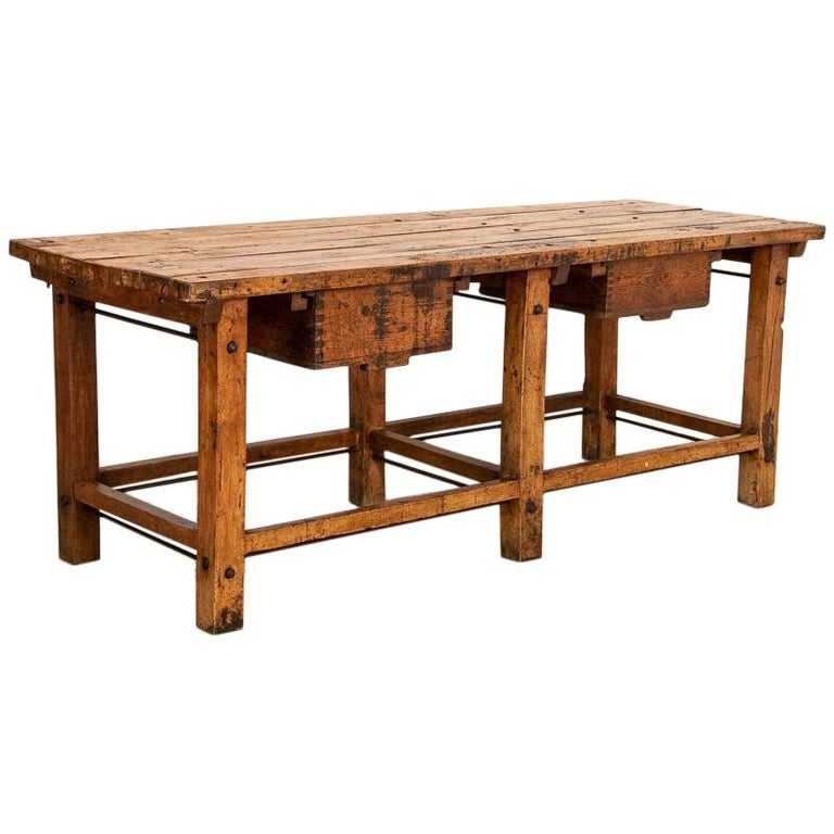 Antique Large Industrial Work Table Butchers Table with Two Deep