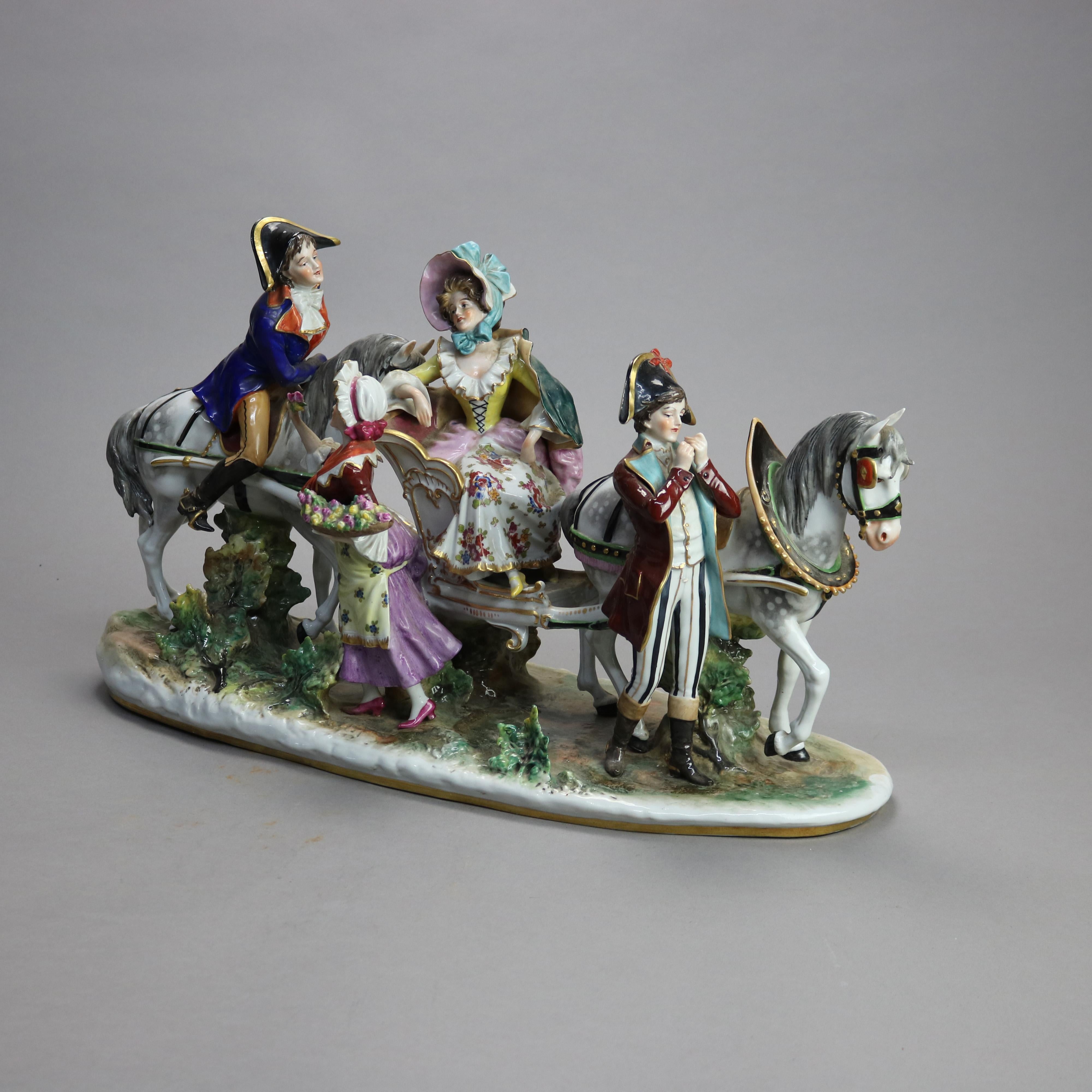 An oversized antique Italian Capodimonte hand painted porcelain figural group in the manner of Dresden offers courting scene with horses, carriage and figures in countryside setting, gilt highlights throughout, blue crown 