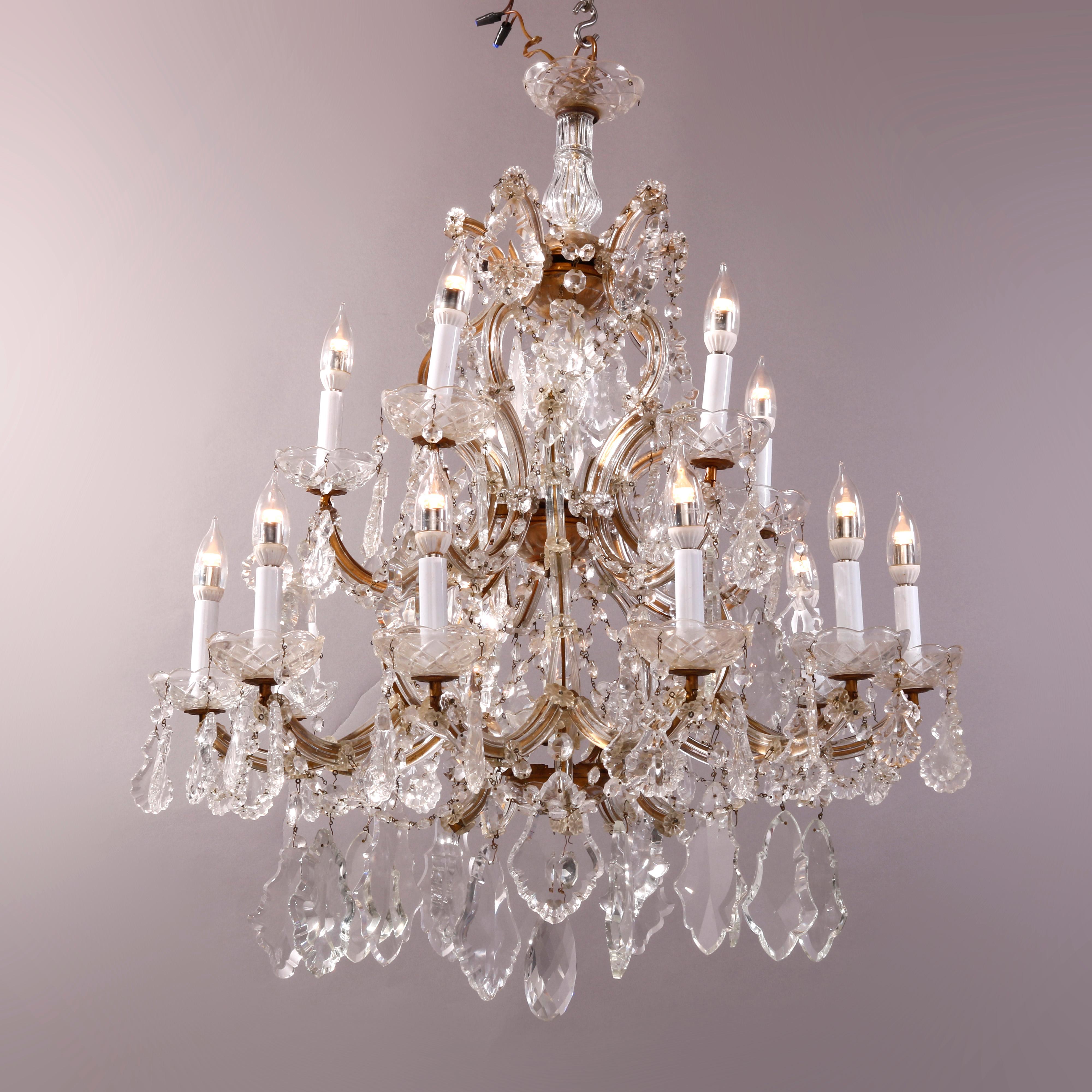 American Antique & Large Italian Crystal Tiered Sixteen-Light Chandelier circa 1930