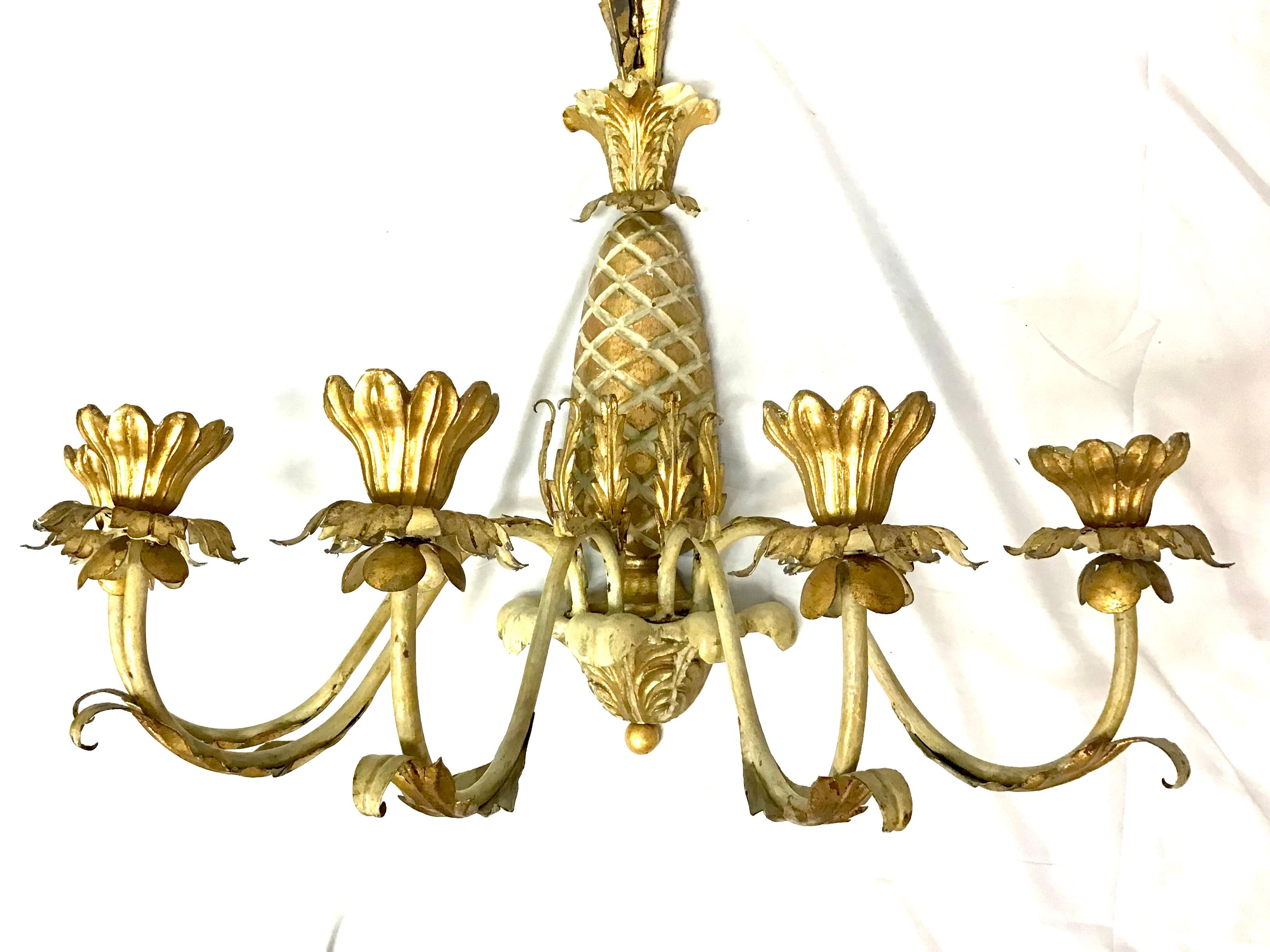 Antique Large Italian Tole Carved Wood Pineapple Candle Wall Sconces, a Pair In Good Condition In Bradenton, FL