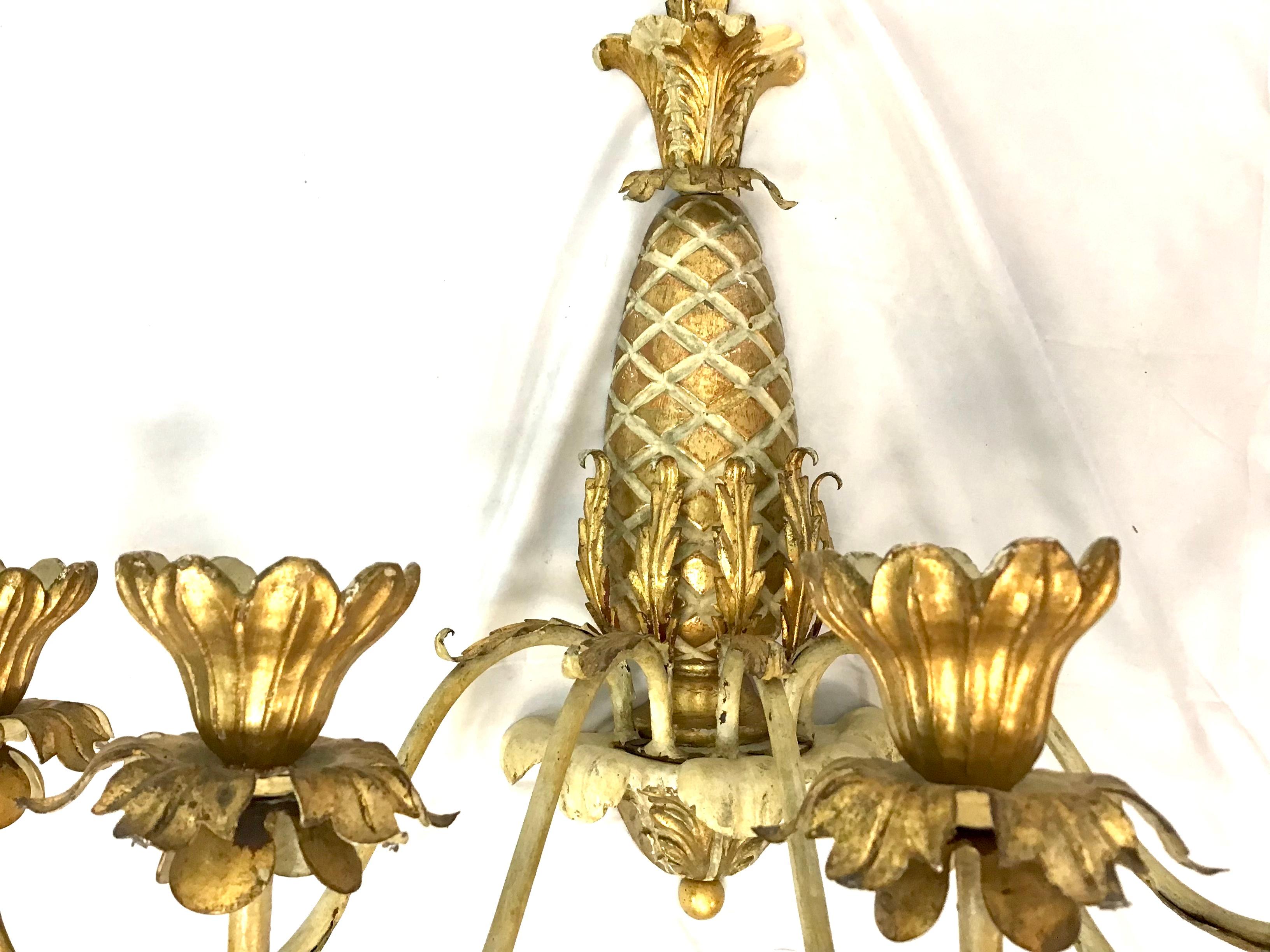 20th Century Antique Large Italian Tole Carved Wood Pineapple Candle Wall Sconces, a Pair