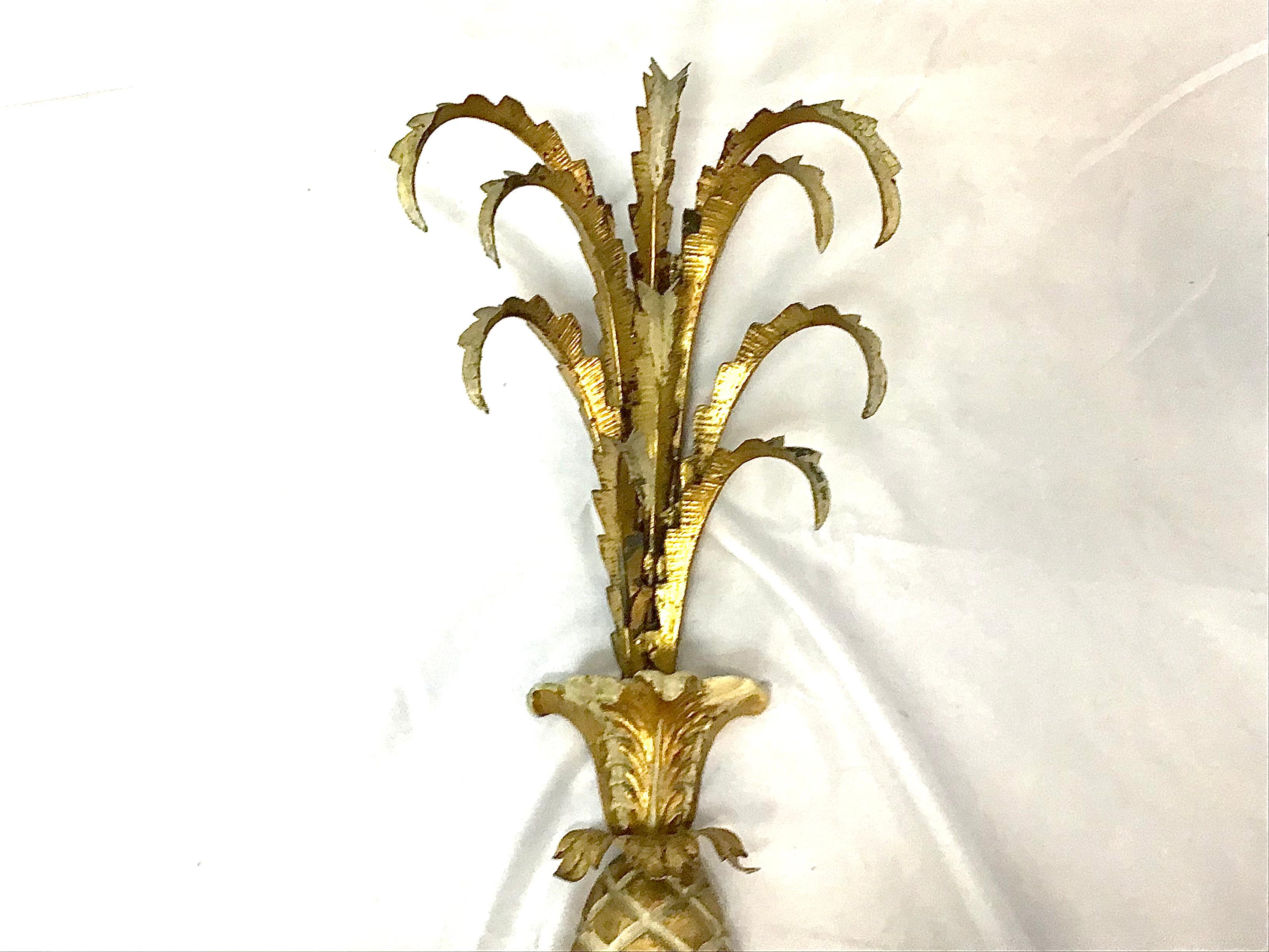 Metal Antique Large Italian Tole Carved Wood Pineapple Candle Wall Sconces, a Pair