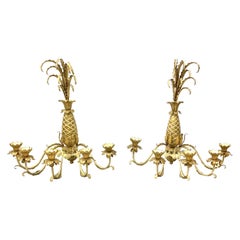 Antique Large Italian Tole Carved Wood Pineapple Candle Wall Sconces, a Pair