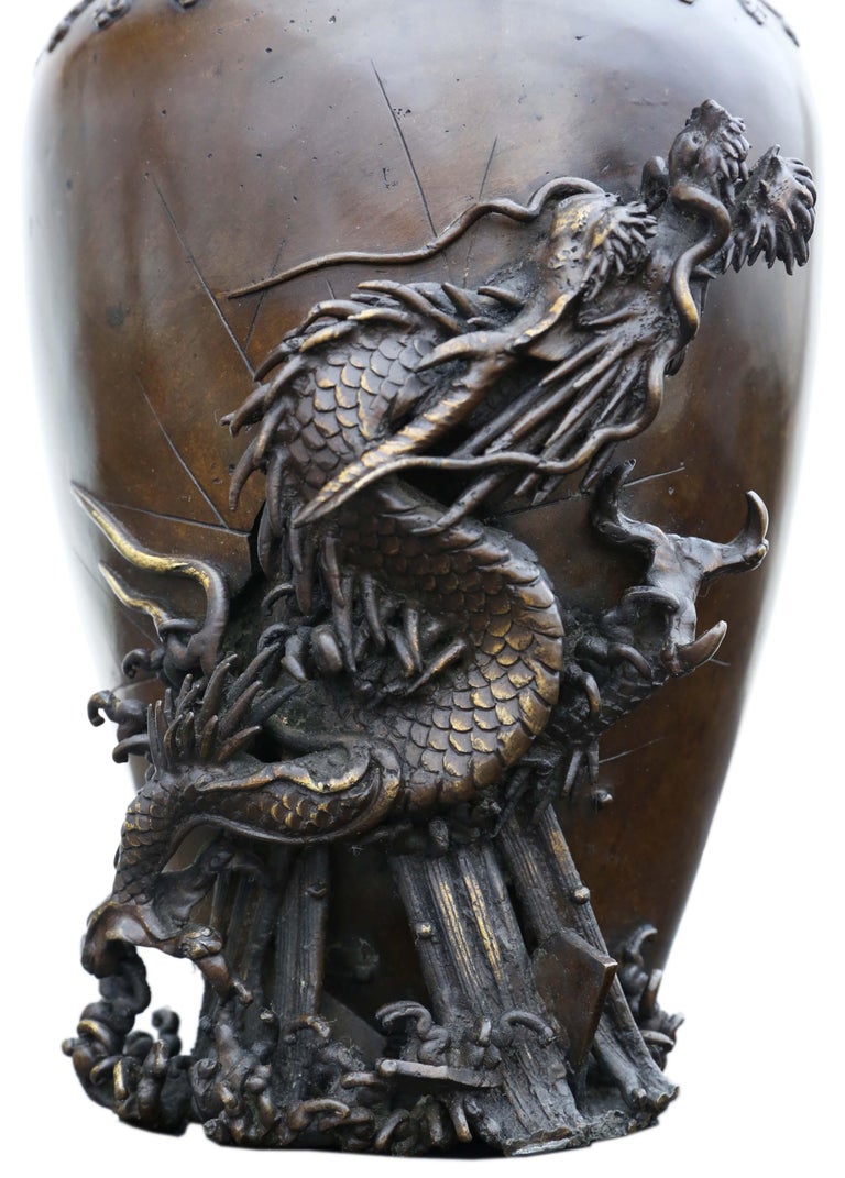 Antique Large Japanese 19th Century Meiji Period Bronze Vase Dragon at