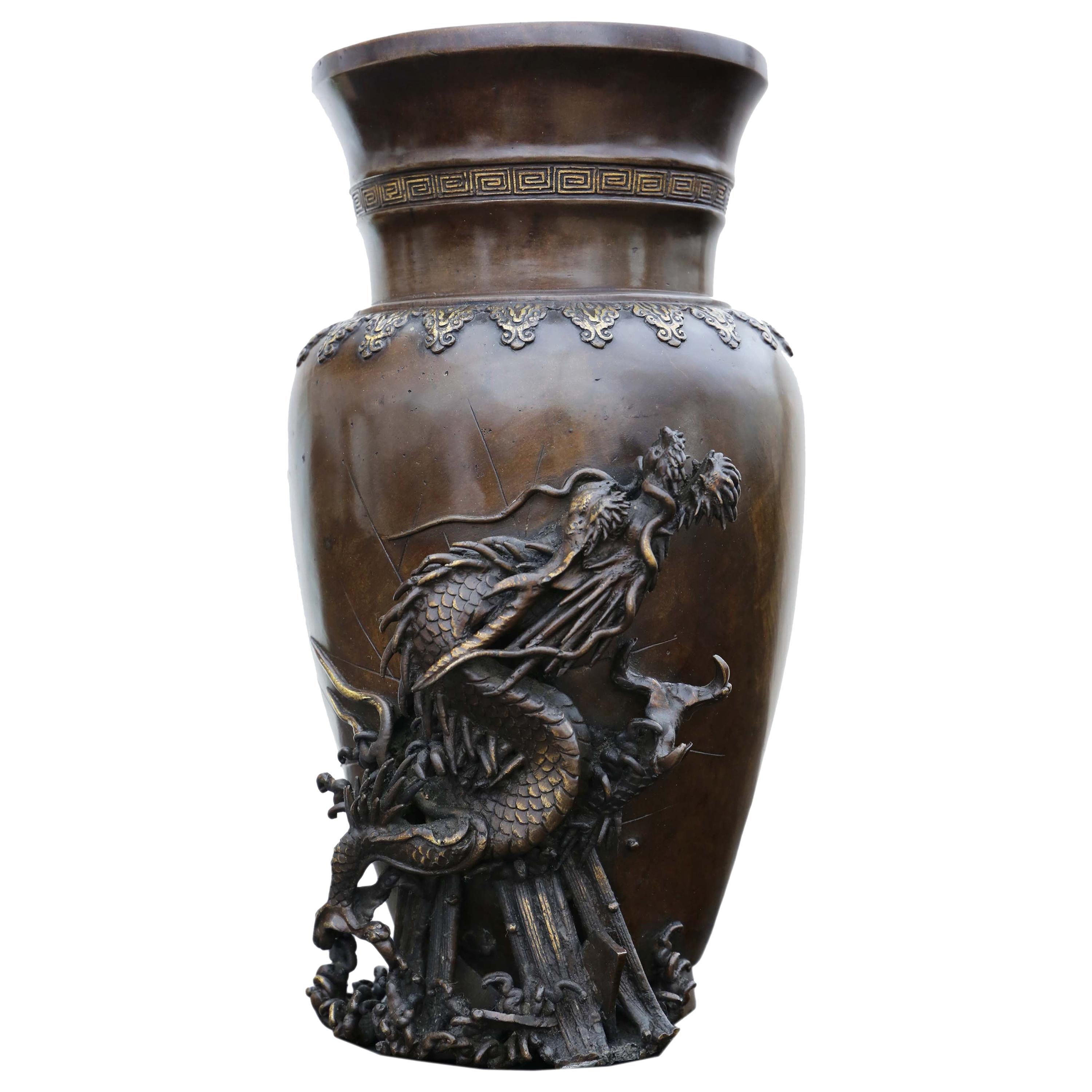 Antique Large Japanese 19th Century Meiji Period Bronze Vase Dragon