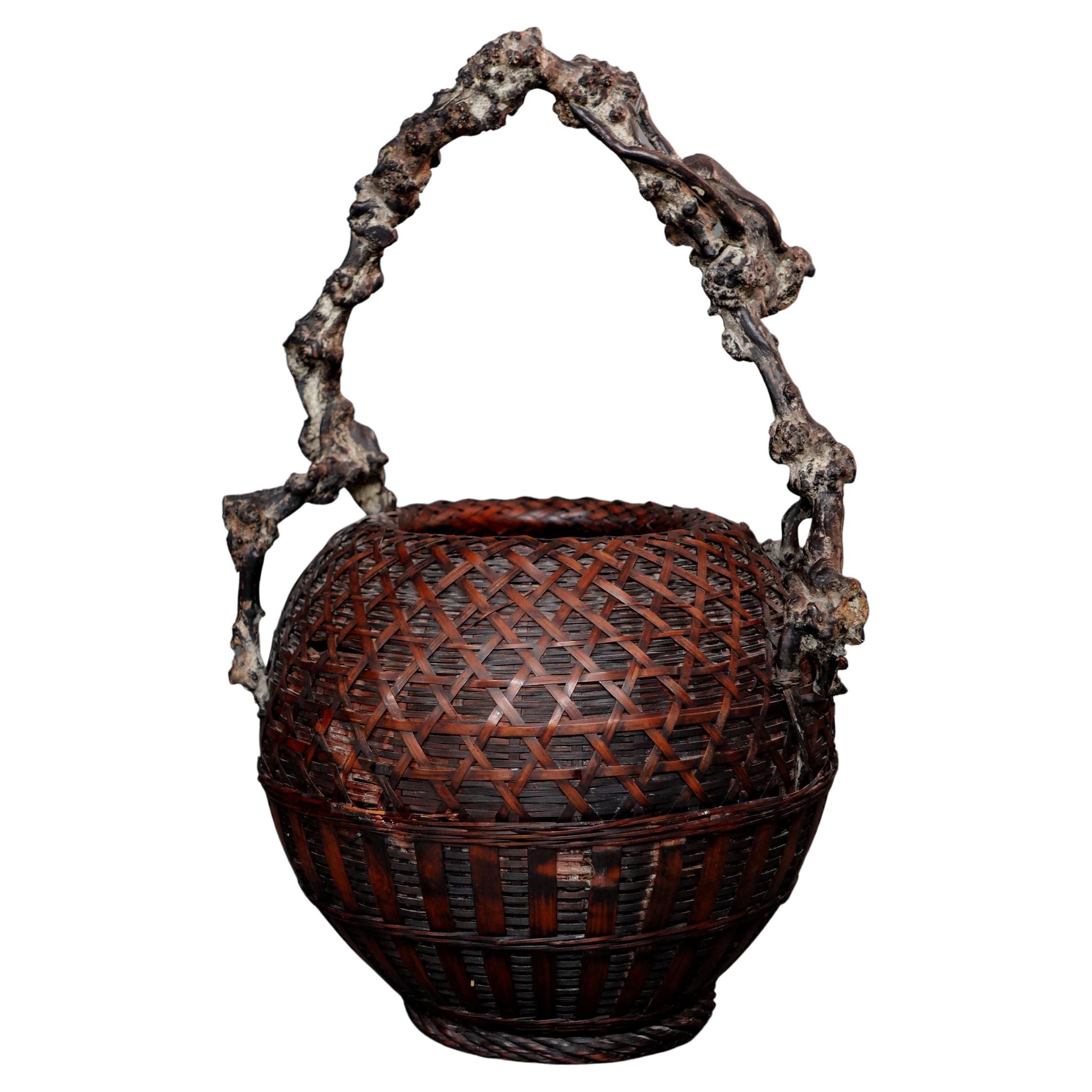Antique Large Japanese Bamboo and Root Ikebana Basket For Sale