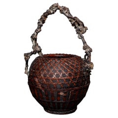 Grand panier japonais ancien en bambou et racine Ikebana