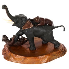 Antique Large Japanese Bronze Elephant & Tigers Meiji Period 19th Century