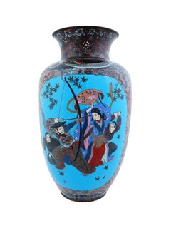Antique Large Japanese Cloisonne Enamel Samurai Battle Dragon Floral Vase