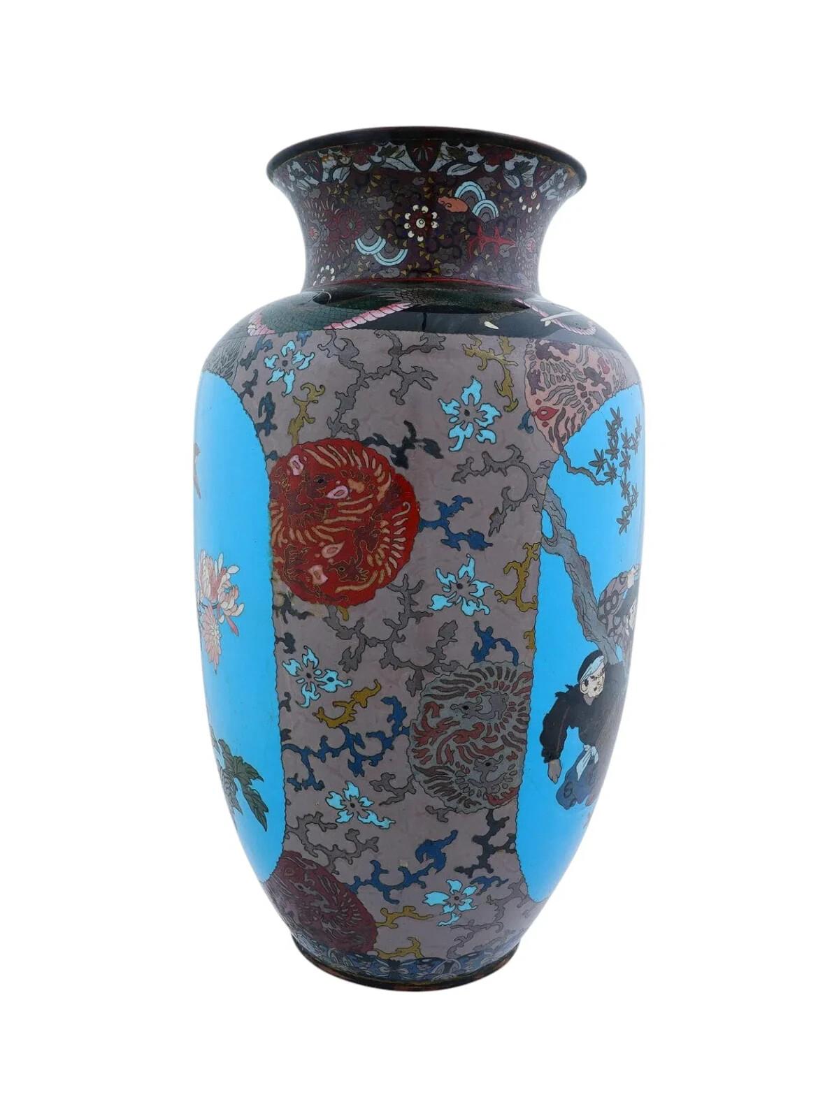Antiguo Jarrón Floral Japonés Grande de Cloisonné Esmaltado Samurai Dragón de Batalla Meiji en venta