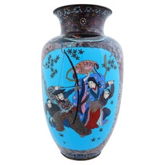 Antique Large Japanese Cloisonne Enamel Samurai Battle Dragon Floral Vase