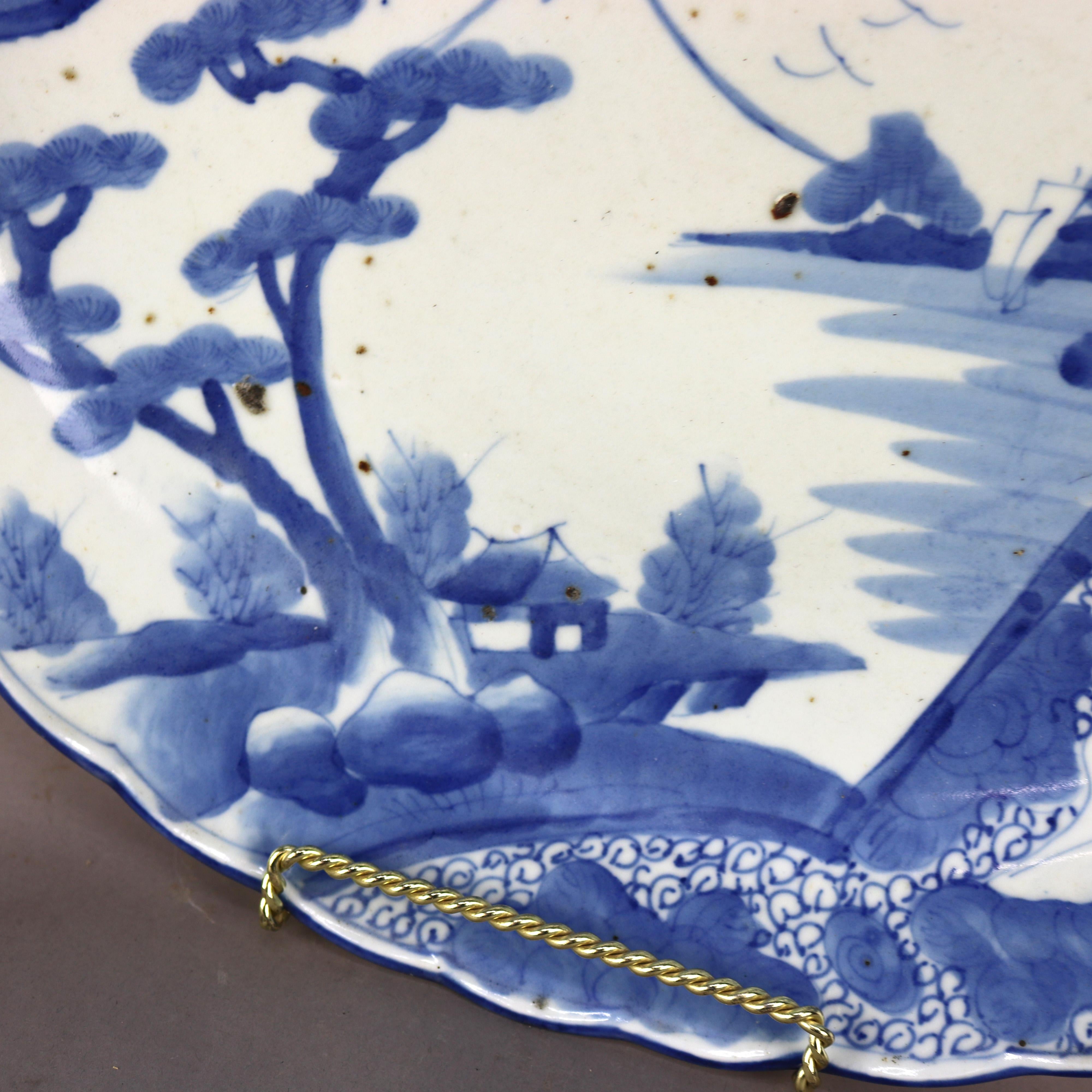 Glazed Antique Large Japanese Meiji Blue & White Decorated Charger Late 19th C