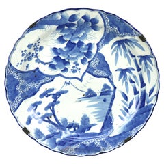 Antique Large Japanese Meiji Blue & White Decorated Charger Late 19th C