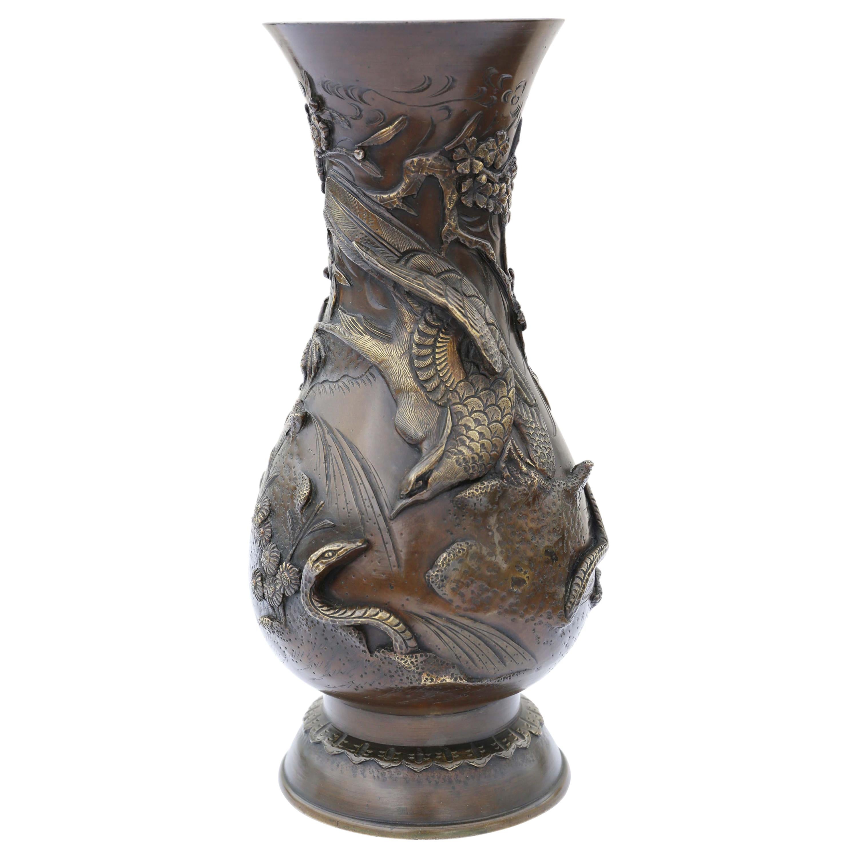 Antique Large Japanese Meiji Period Mixed Metal Bronze Vase