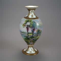 Antique Large Japanese Nippon Hand Painted & Gilt Porcelain Landscape Vase, c1910