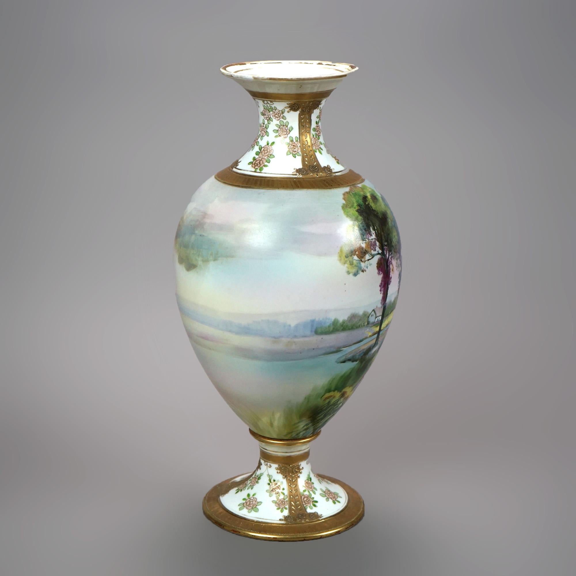 Antique Large Japanese Nippon Hand Painted and Gilt Porcelain Landscape