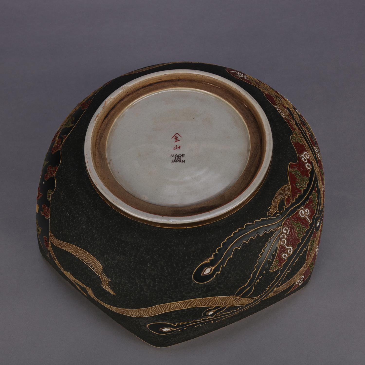 Antique Large Japanese Satsuma Bas Relief Porcelain Center Bowl with Figures 5
