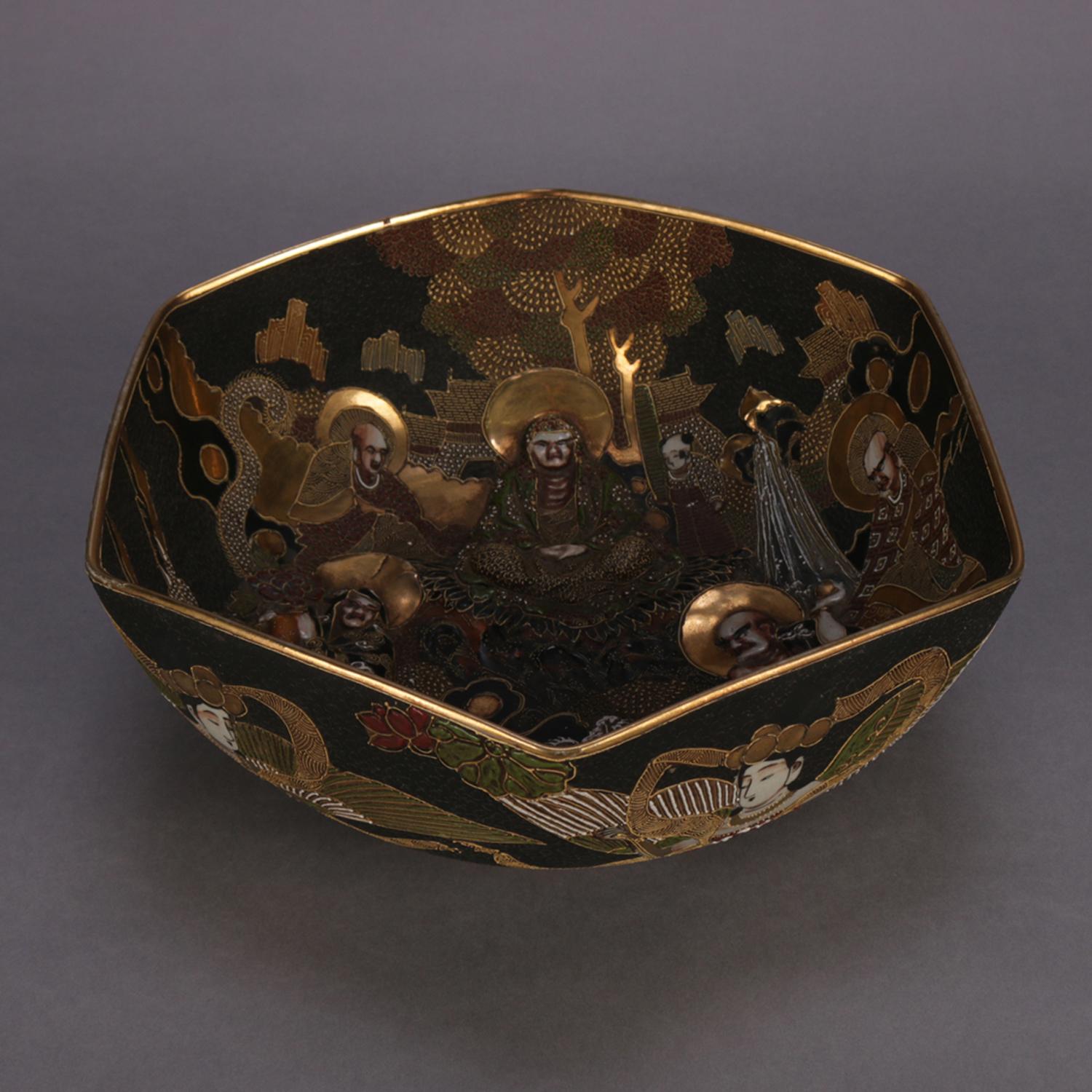 Gilt Antique Large Japanese Satsuma Bas Relief Porcelain Center Bowl with Figures