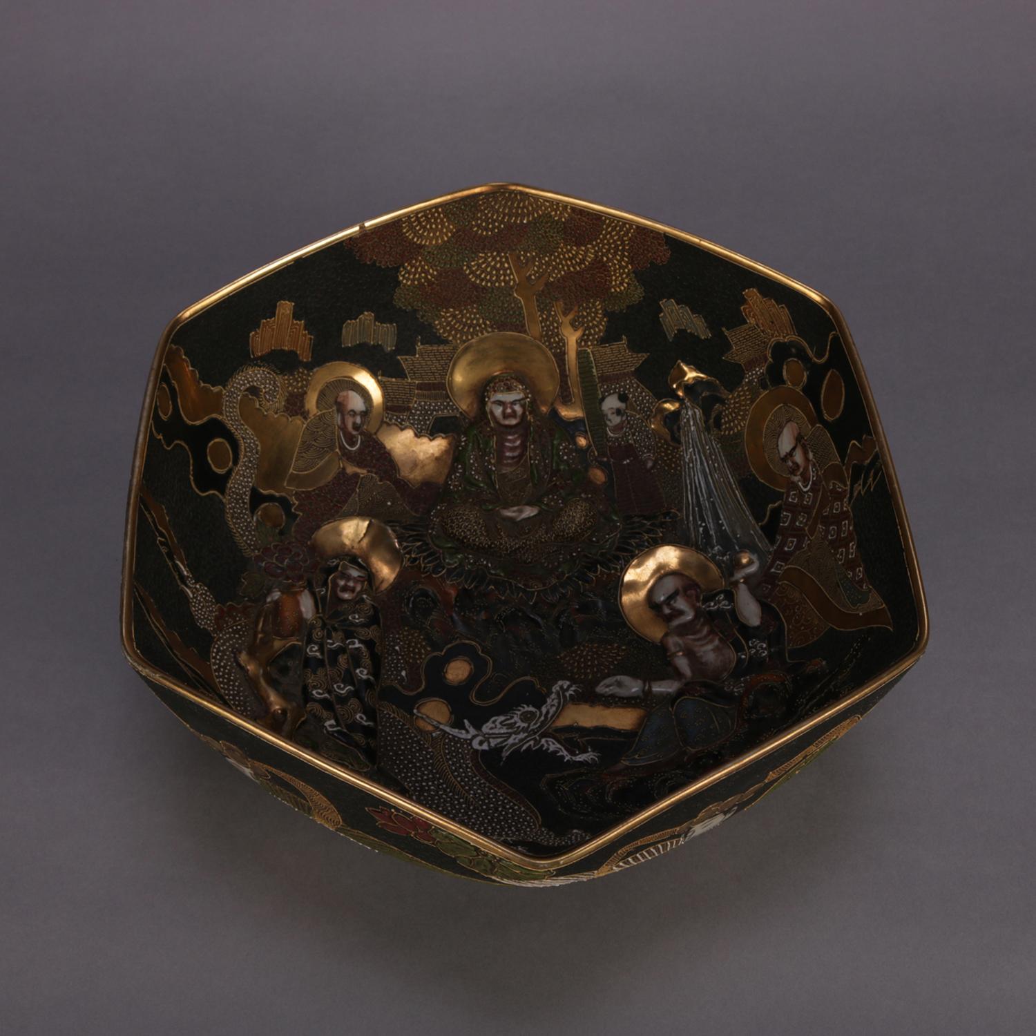 Antique Large Japanese Satsuma Bas Relief Porcelain Center Bowl with Figures In Good Condition In Big Flats, NY