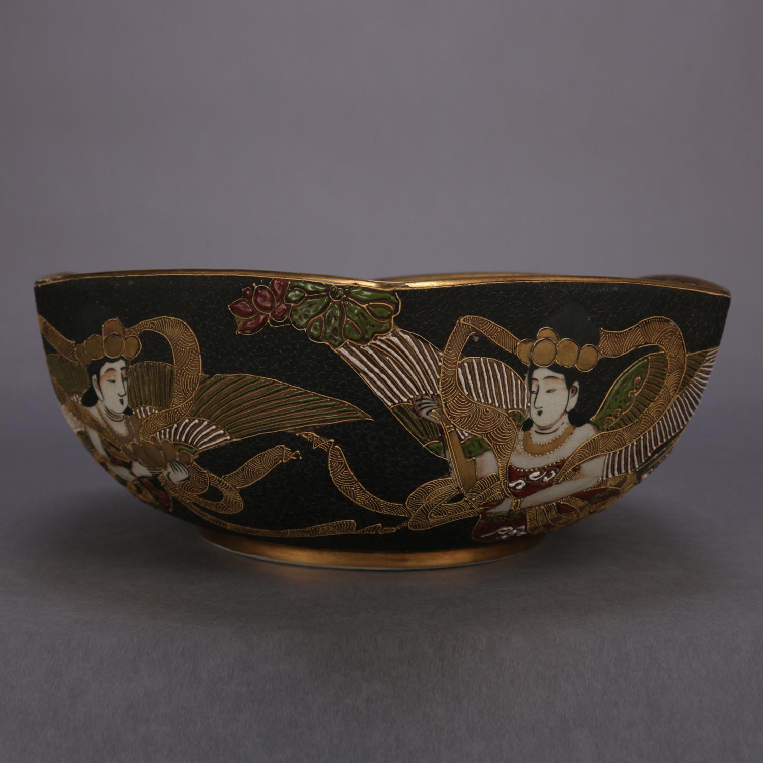 20th Century Antique Large Japanese Satsuma Bas Relief Porcelain Center Bowl with Figures