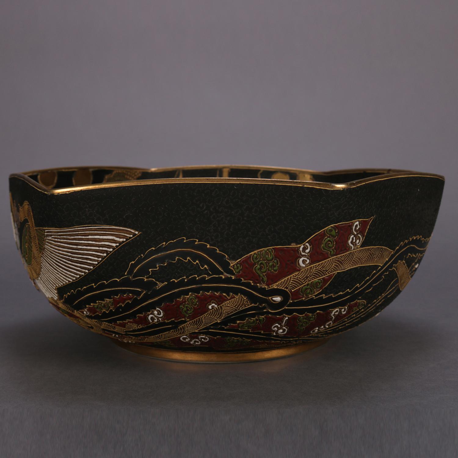Antique Large Japanese Satsuma Bas Relief Porcelain Center Bowl with Figures 1