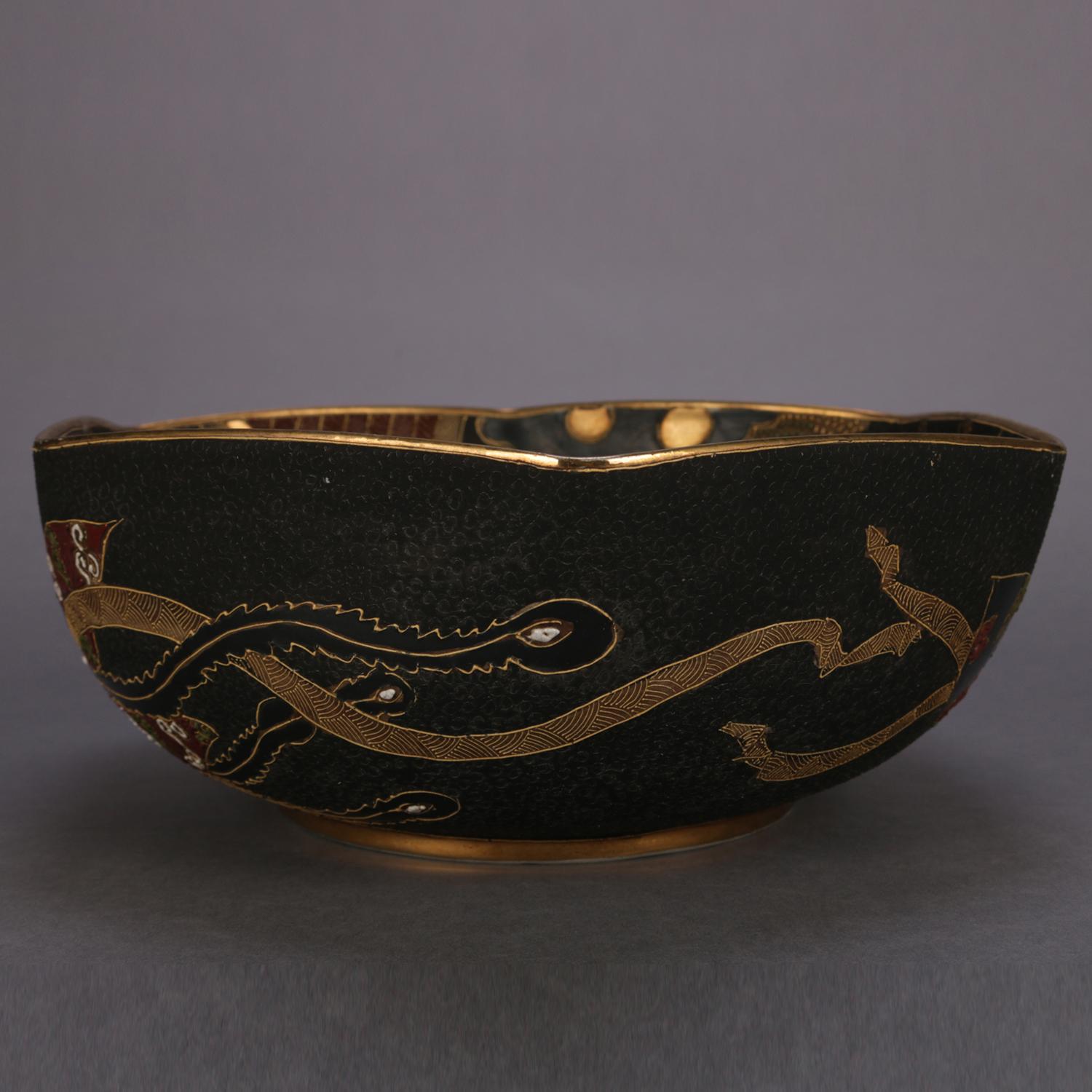 Antique Large Japanese Satsuma Bas Relief Porcelain Center Bowl with Figures 2