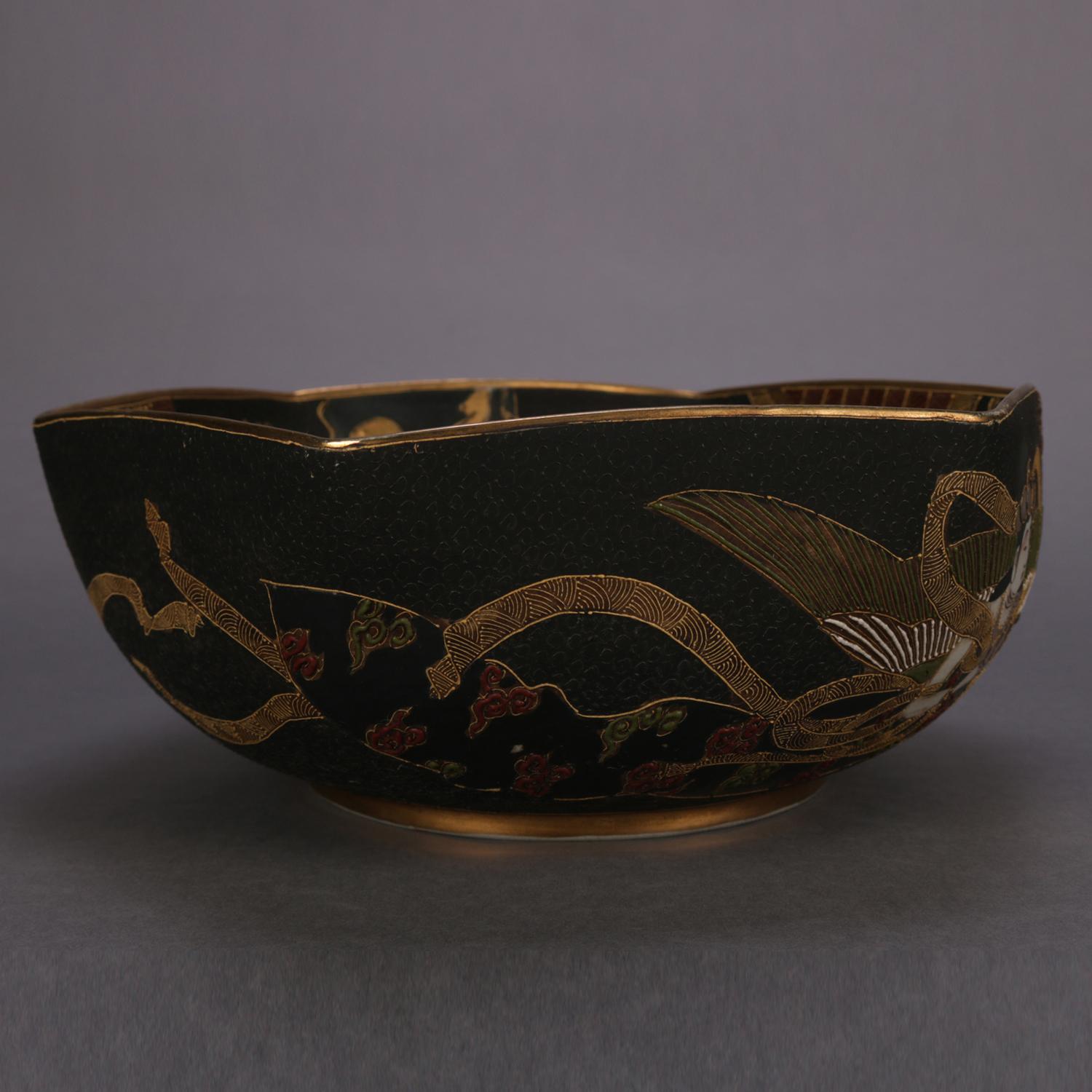 Antique Large Japanese Satsuma Bas Relief Porcelain Center Bowl with Figures 3