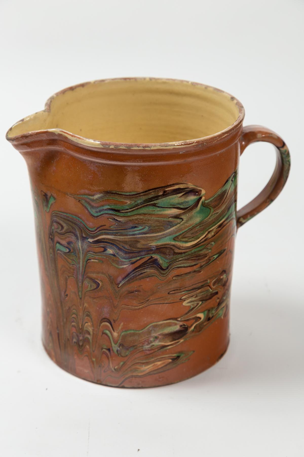 Hand-Painted Antique Large Jaspé Pottery Pitcher, Late 19th Century, France For Sale